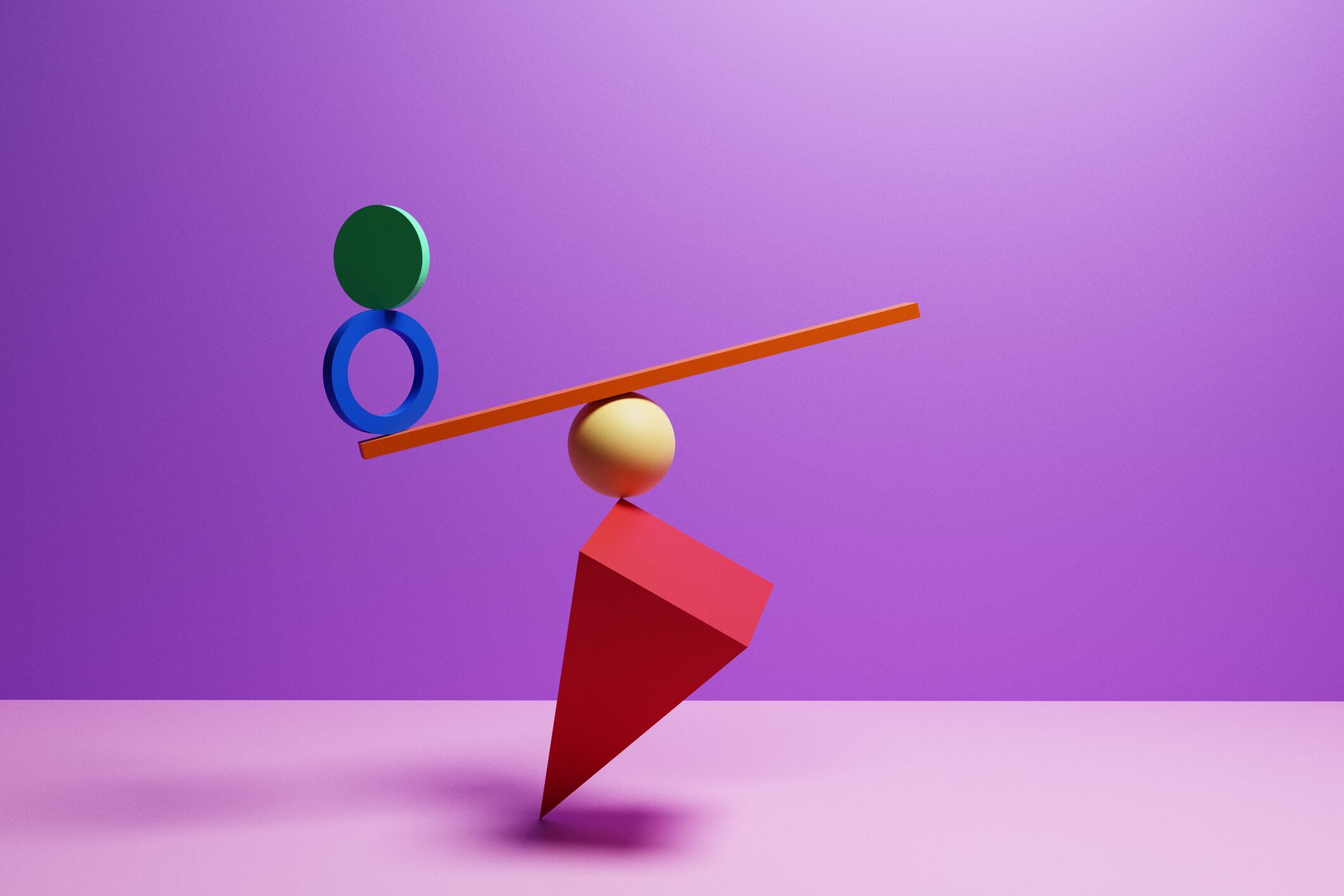 A bunch of colorful geometric shapes balancing against nothing in impossible position
