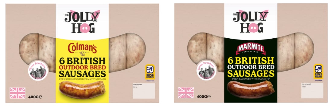 Packs of The Jolly Hog Marmite Sausage and Colman’s Sausage made with British pork.