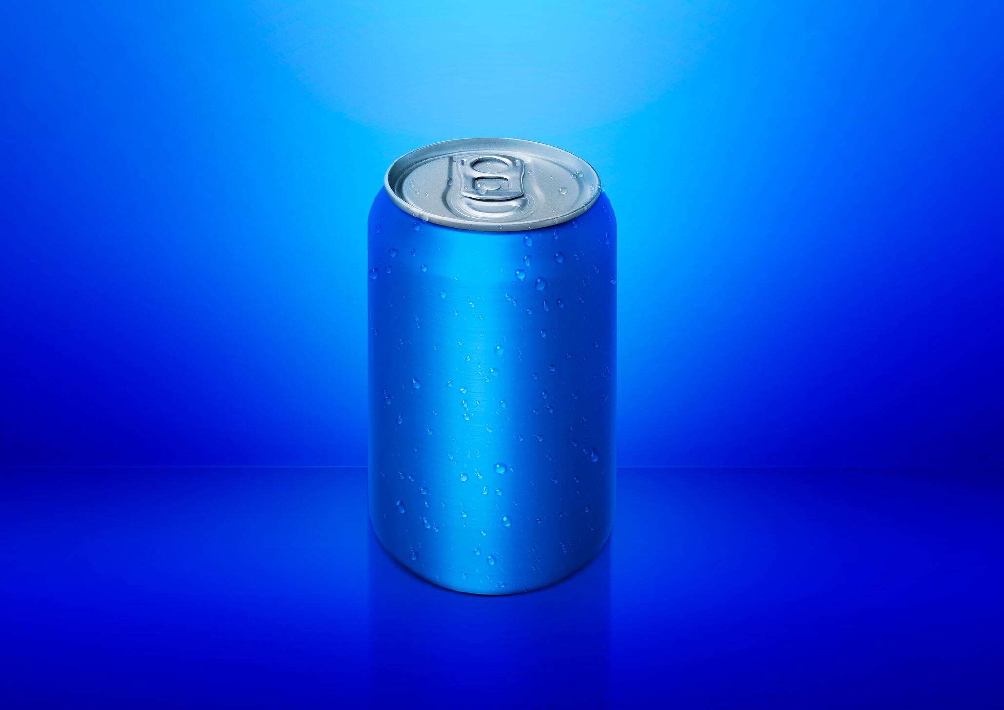 Aluminum blue soda can on blue background For design