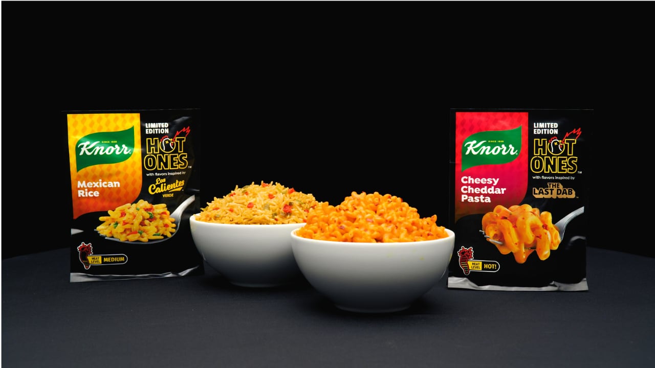 The limited-edition Knorr/Hot Ones product lineup includes Knorr Mexican Rice and Knorr Cheesy Cheddar Pasta.