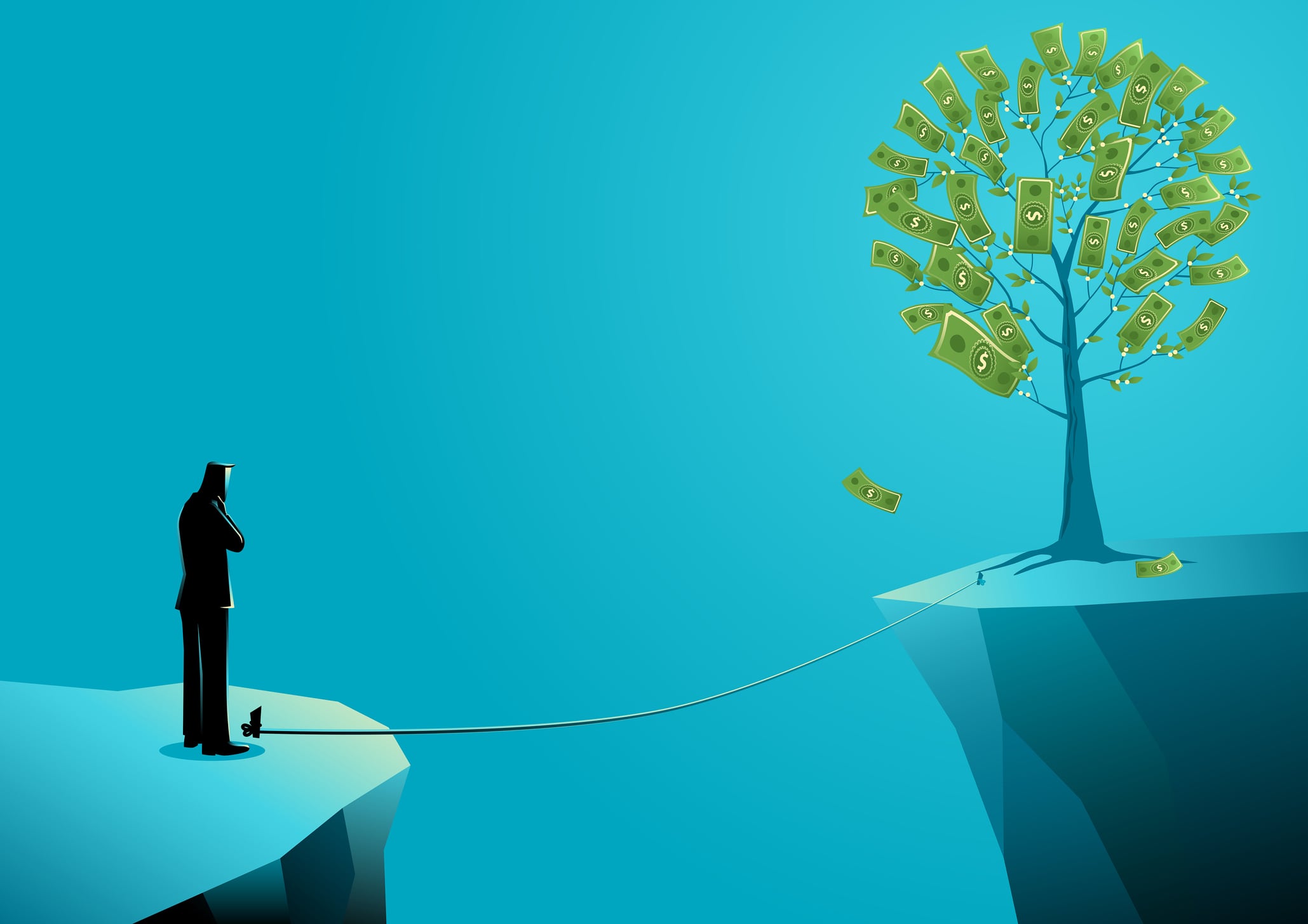 Man hesitating to cross a deep ravine using only a thin rope to reach a money tree on the other side. Concept for High risk high reward or dangers of chasing wealth