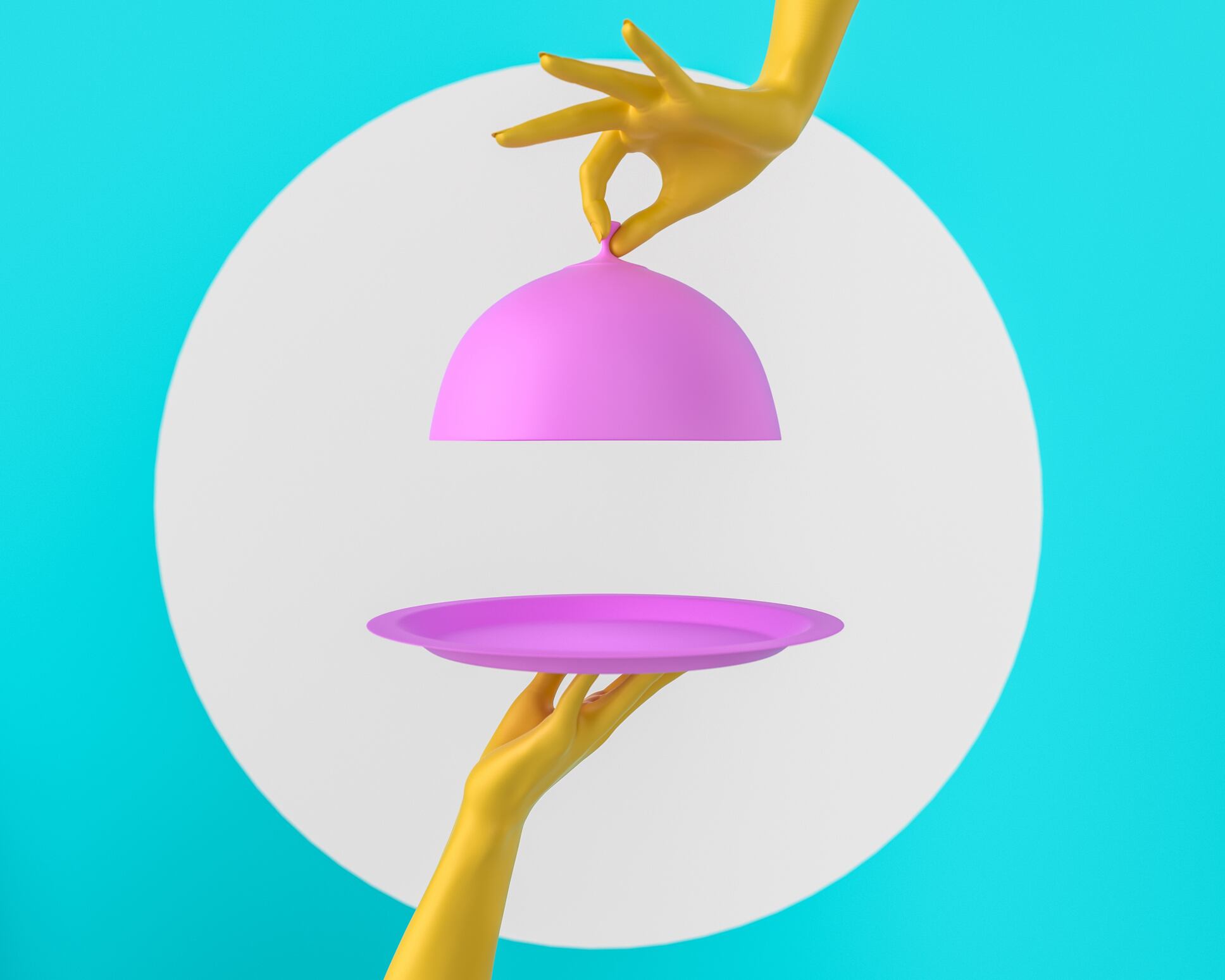 Pink Dish with lid holding hands isolated, opened restaurant cloche, launch time promo banner concept. 3d rendering