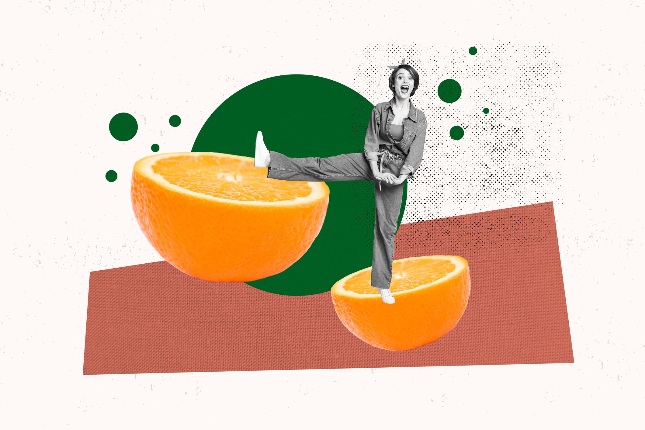 Composite photo collage of happy girl ballerina do stretching leg orange citrus half fruit detox nutrition isolated on painted background.