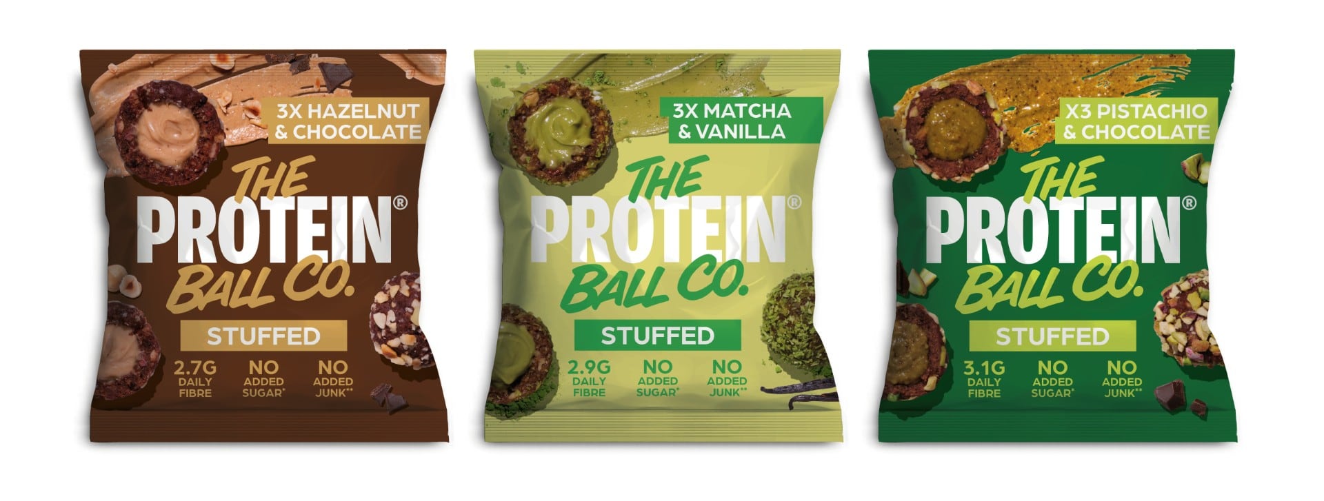 Protein Ball Co Stuffed range showing three filled protein ball varieties.