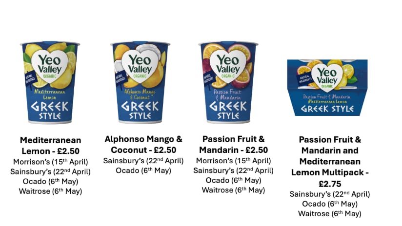 Range shot of Yeo Valley Organic Fruited Greek Style yogurts in Lemon, Mango & Coconut, and Passion Fruit & Mandarin.