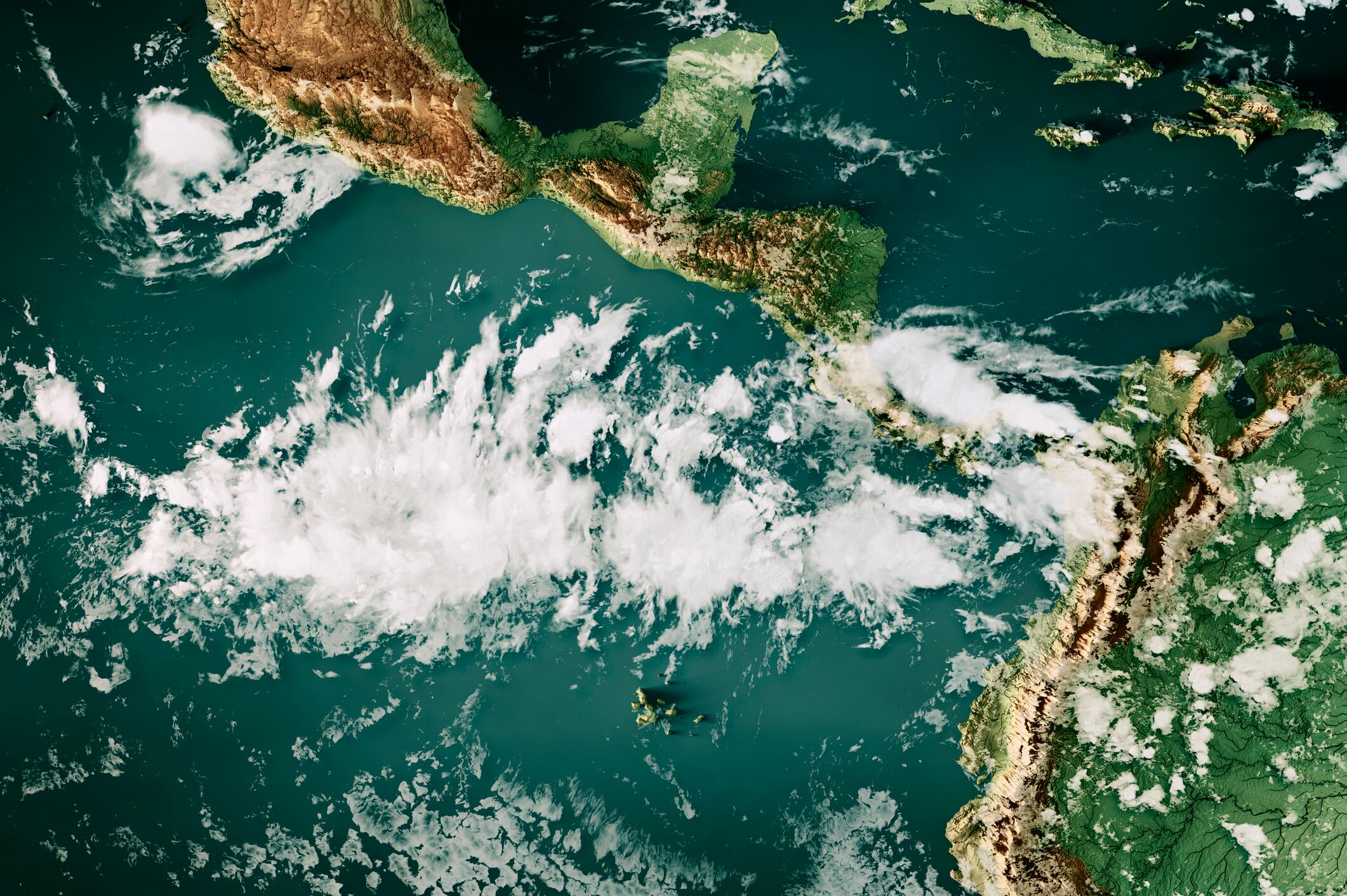 3D Render of a Topographic Map of the Eastern Pacific Ocean with the clouds from July 22, 2026.
A string of Tropical Storms fueled by the heated ocean temperature caused by El Nino.
All source data is in the public domain.
Cloud texture: Global Imagery Browse Services (GIBS) courtesy of NASA, VIIRS data courtesy of NOAA.
https://www.earthdata.nasa.gov/eosdis/science-system-description/eosdis-components/gibs
Color texture: Made with Natural Earth.
http://www.naturalearthdata.com/downloads/10m-raster-data/10m-cross-blend-hypso/
Relief texture: GMTED 2010 data courtesy of USGS. URL of source image:
https://topotools.cr.usgs.gov/gmted_viewer/viewer.htm
Water texture: SRTM Water Body SWDB: https://dds.cr.usgs.gov/srtm/version2_1/SWBD/