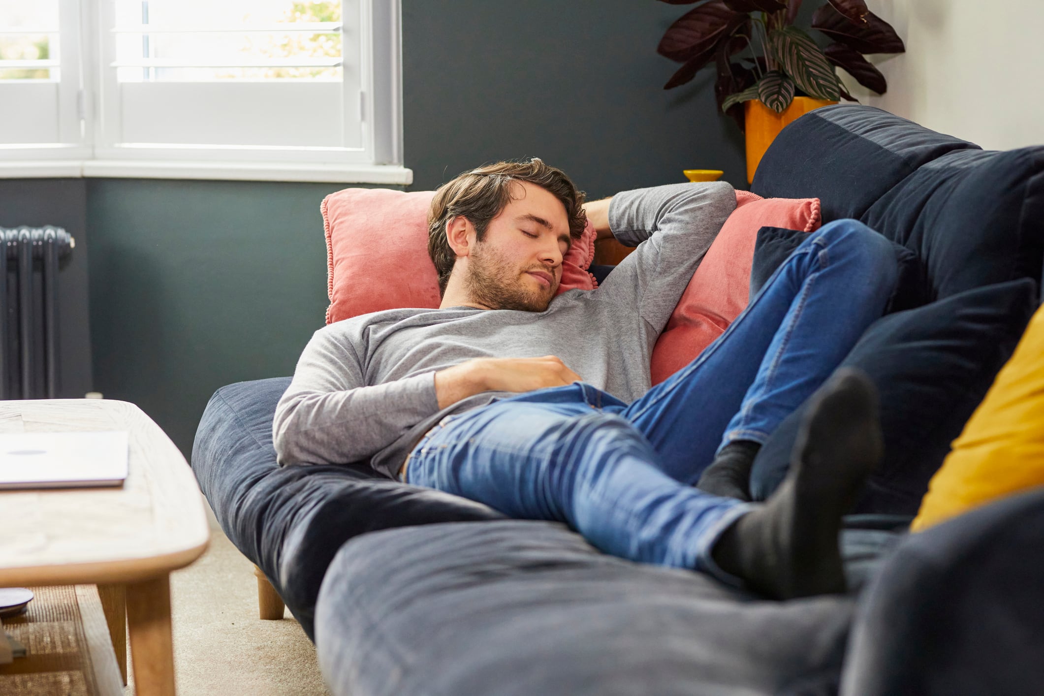 Young white man with beard asleep on sofa.
