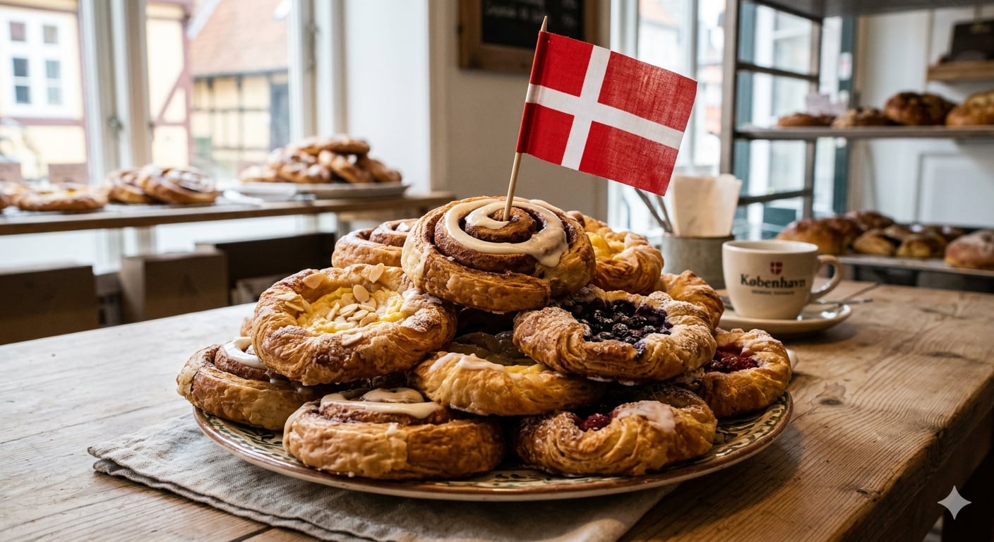 Danish pastries with Danish flag