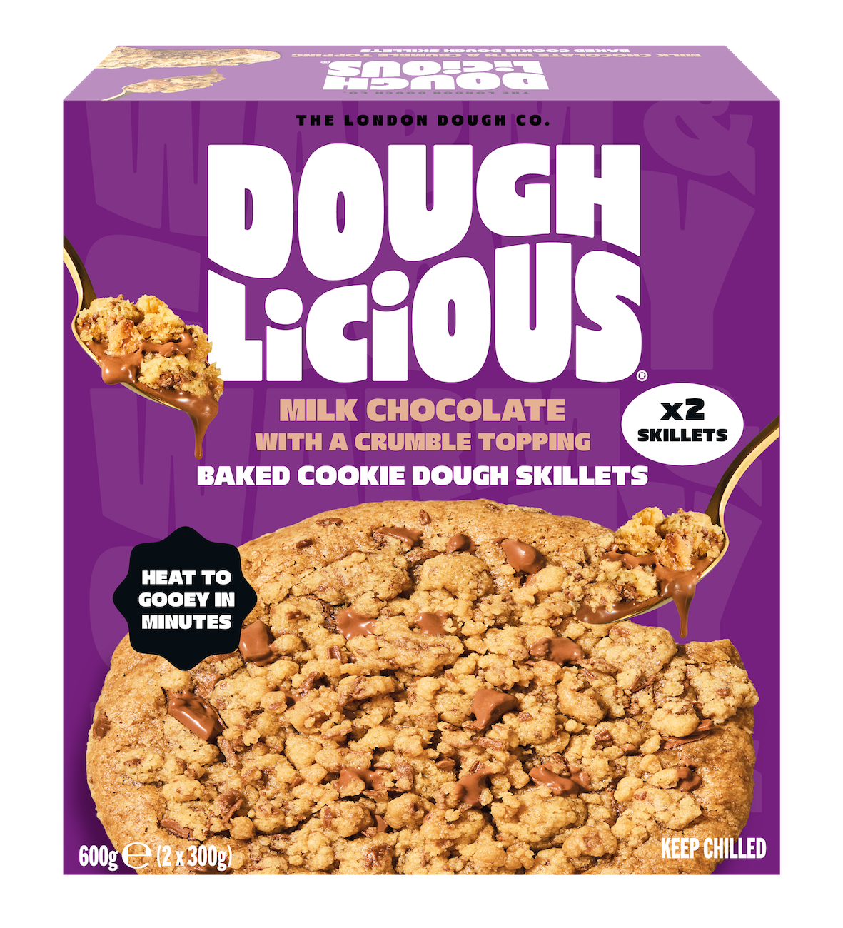 Doughlicious milk chocolate chunk skillet cookie with crumble topping.