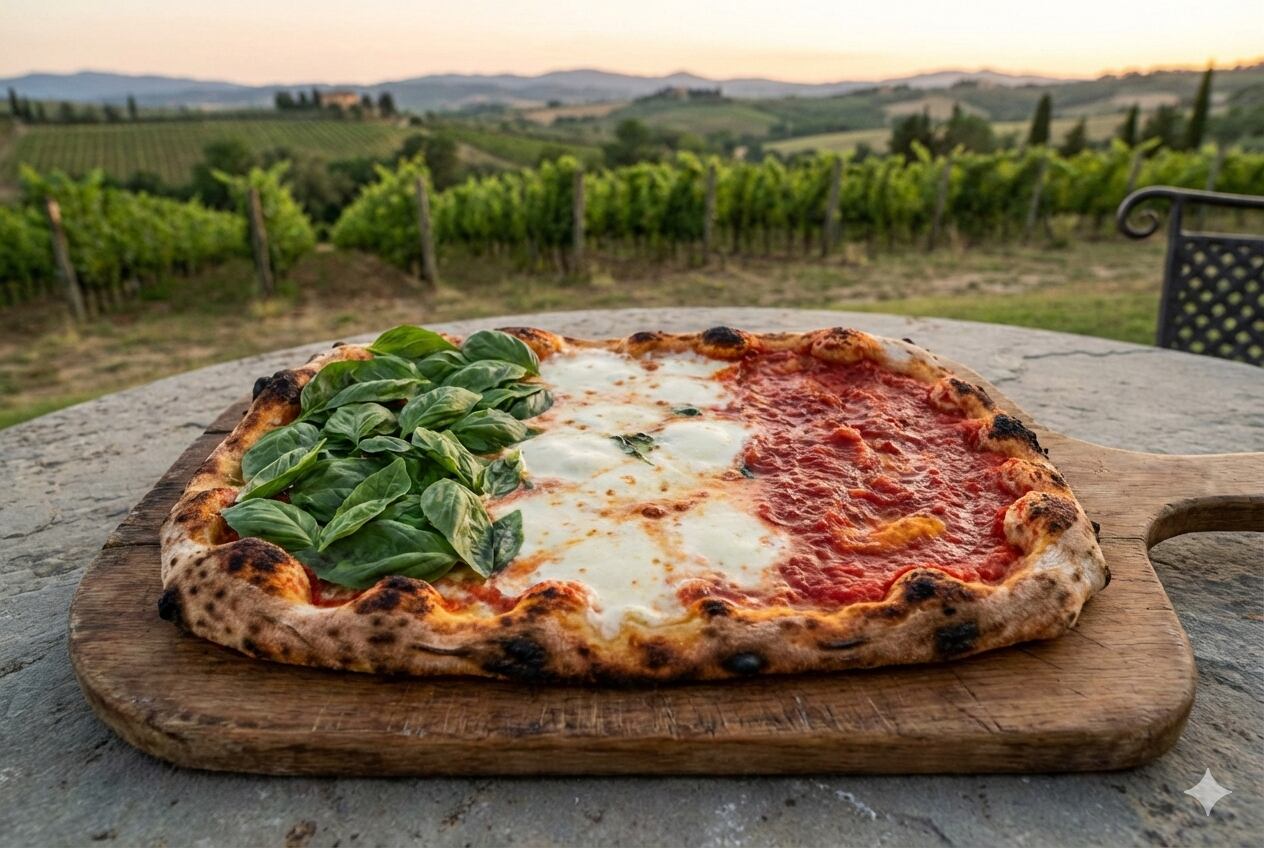 A pizza with the Italian flag in a field