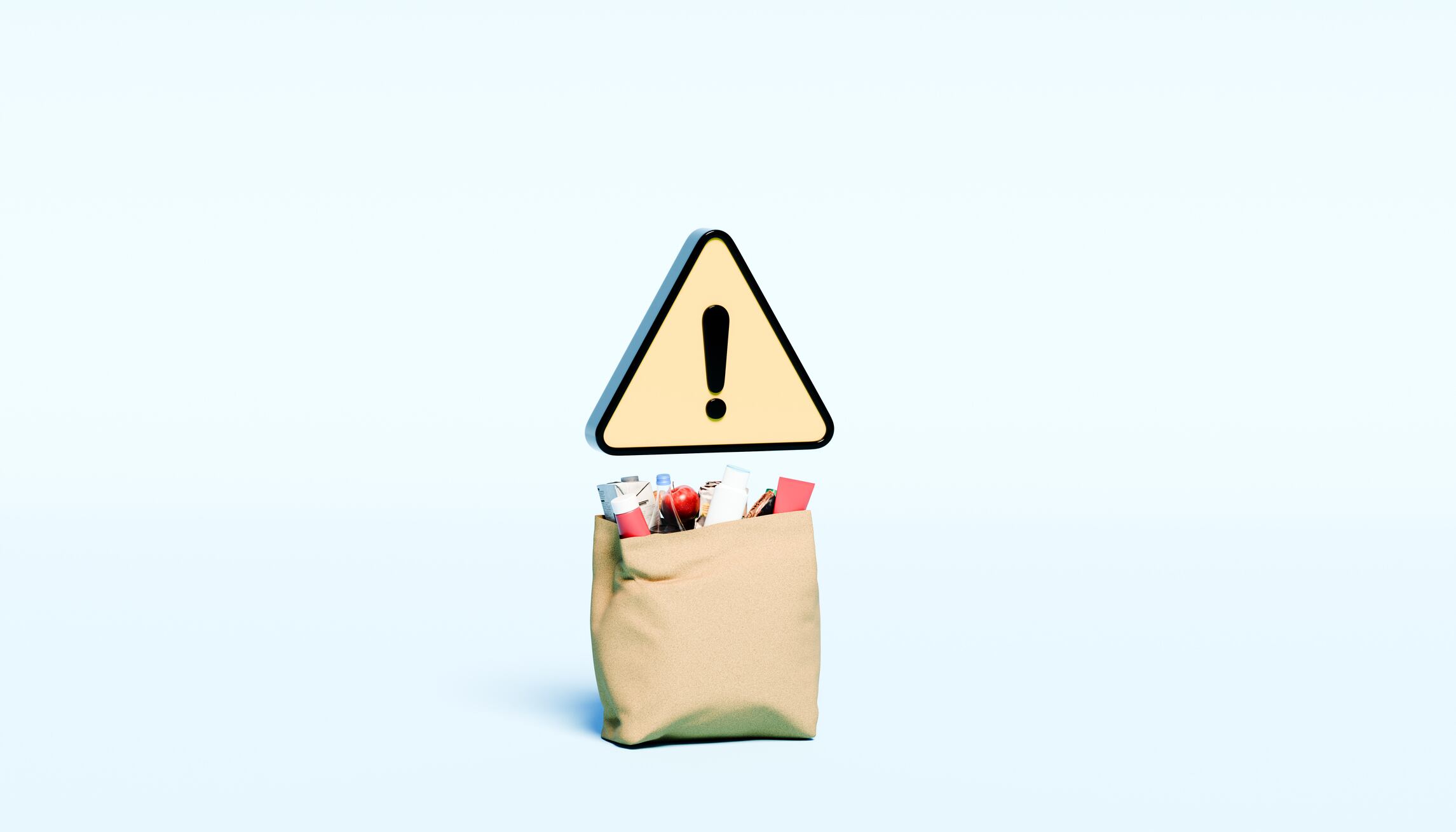 A thought-provoking image of a grocery shopping bag with a yellow warning triangle hovering above, symbolizing potential risks related to consumer safety, food quality, and shopping habits. This visual emphasizes the importance of being cautious when making purchasing decisions, highlighting concerns such as food recalls, product safety, and consumer protection. Ideal for use in marketing campaigns promoting food safety, grocery store regulations, and consumer awareness about health risks and product quality.