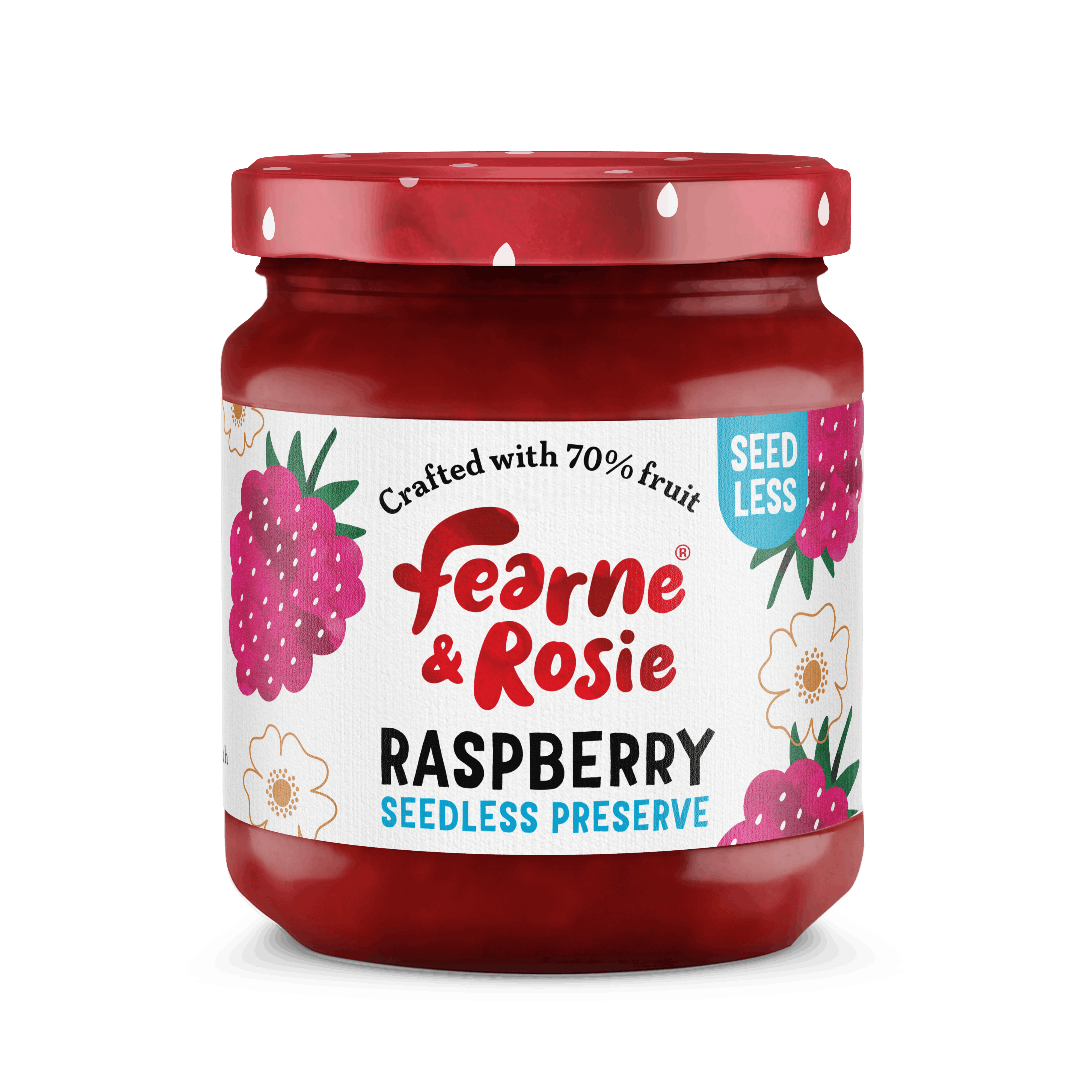 Jars of Fearne & Rosie seedless preserves with clean, fruit‑forward packaging.