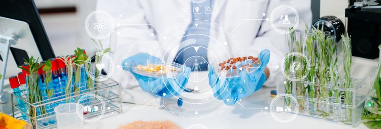 Food science as lab scientists test and analyze vegetables for safety and quality using advanced technology