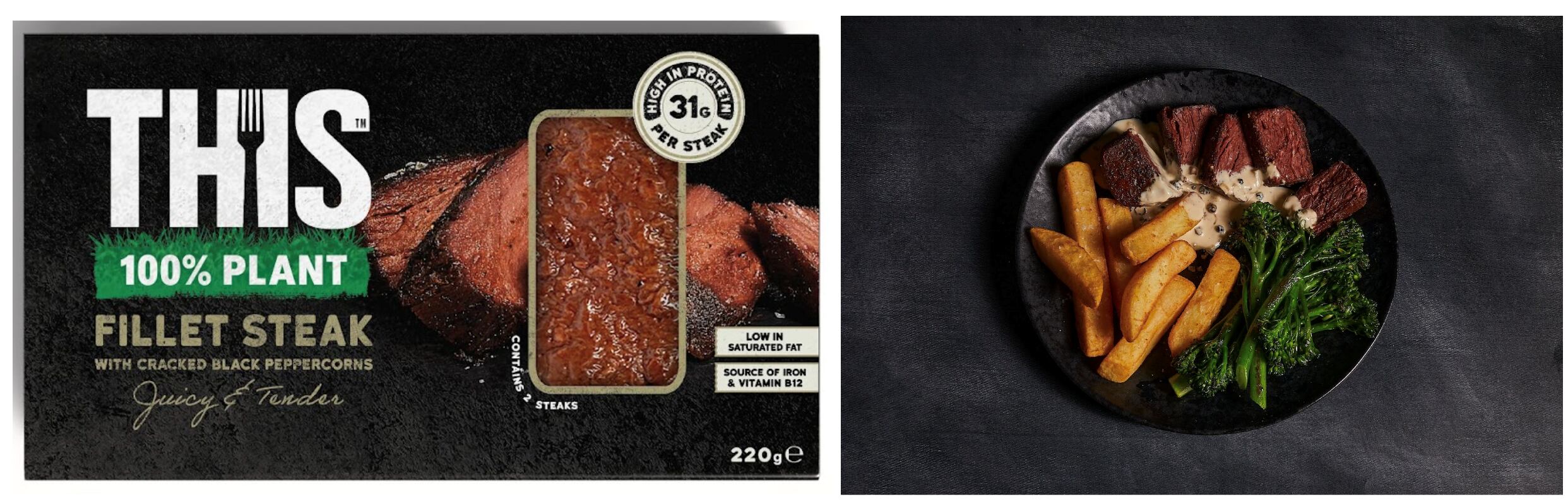 THIS plant-based fillet steak cooked and served with classic steak sides