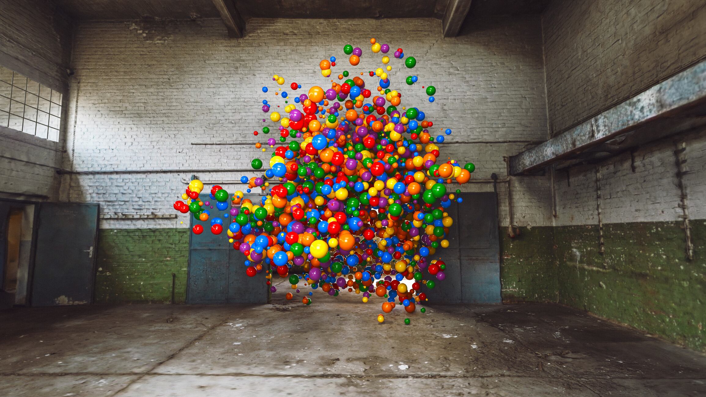 How is the synthetic dye ban impacting the food and drink industry? Image: Cluster of colorful balloons floating in an industrial setting. The background features an old, concrete structure with exposed beams and green-and-white painted brick walls. The vibrant balloons contrast sharply against the gritty, abandoned warehouse environment.