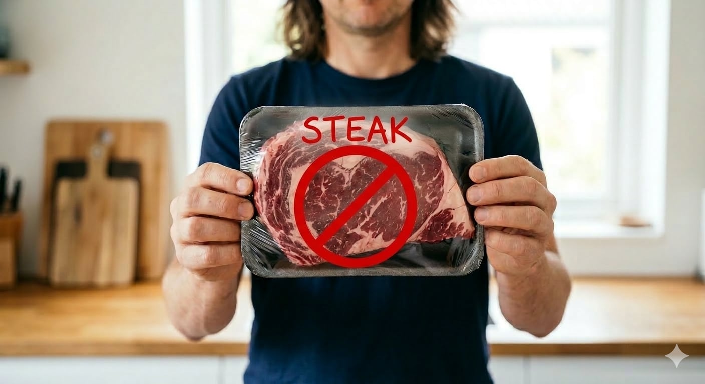 Man holding shrink-wrapped steak with the prohibition sign