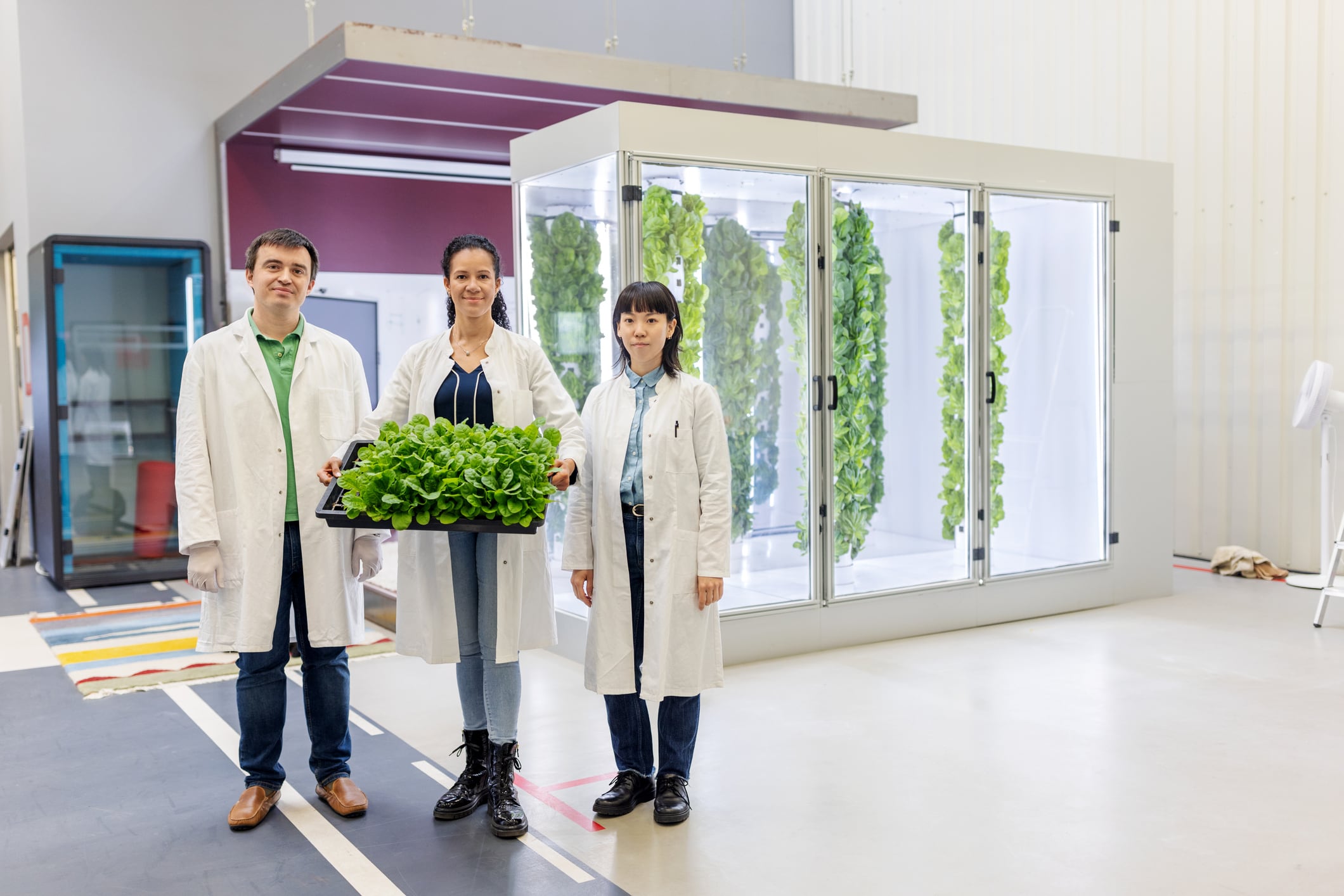 Research team standing in a vertical farming facility with a scientist holding a tray of lettuce seedlings, showcasing teamwork and innovative farming techniques.