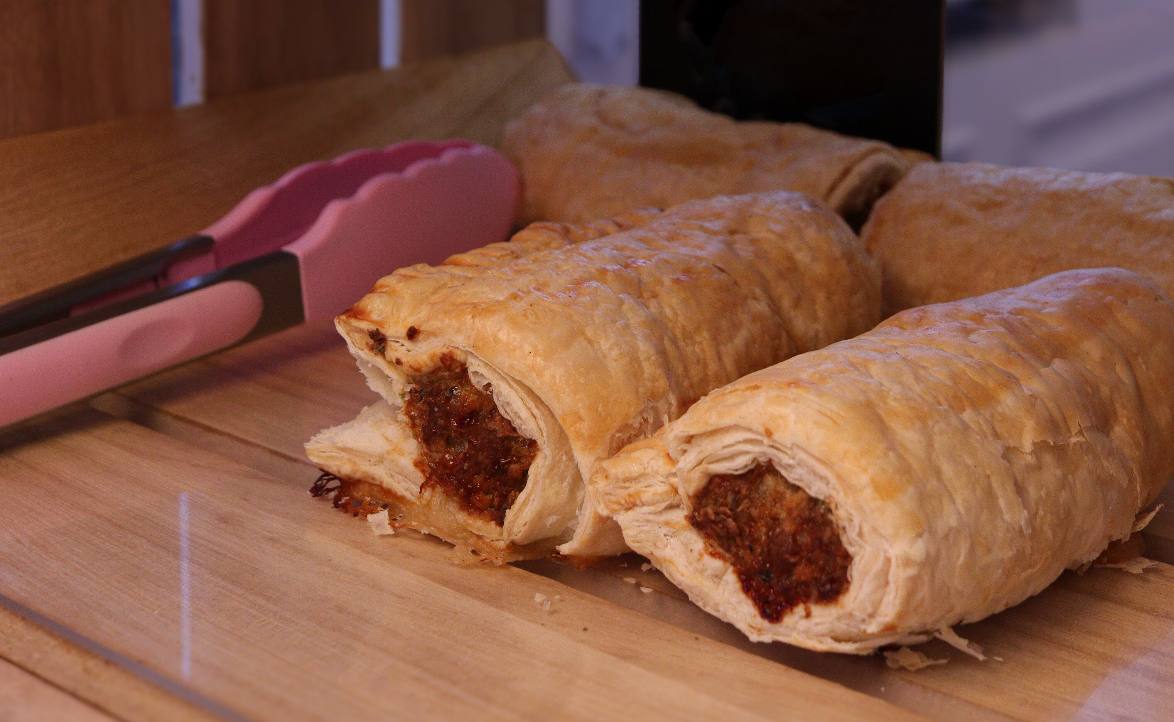 Sausage rolls in a bakery
