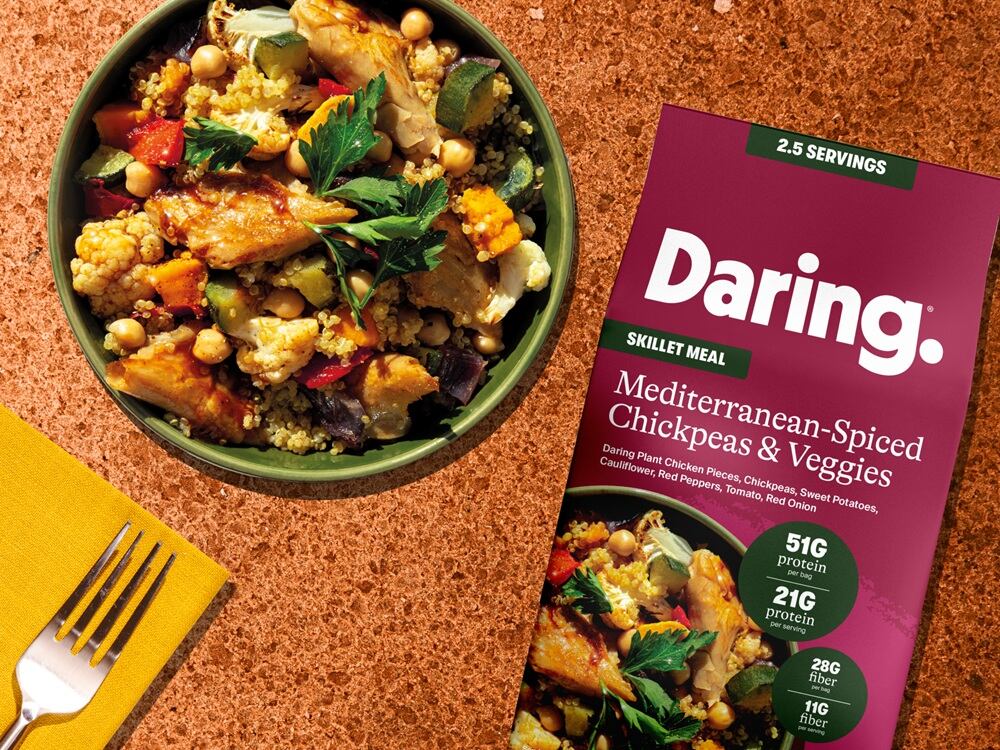 Daring Foods’ new Skillet Meals combine plant-based chicken, vegetables, legumes, grains and pasta in one-pan meals designed to deliver protein, fiber and convenience.