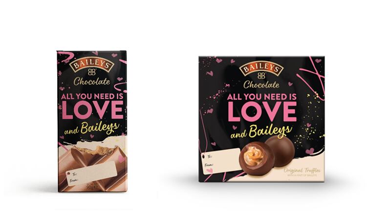Baileys Valentine’s Day chocolate gifting range with seasonal packaging.