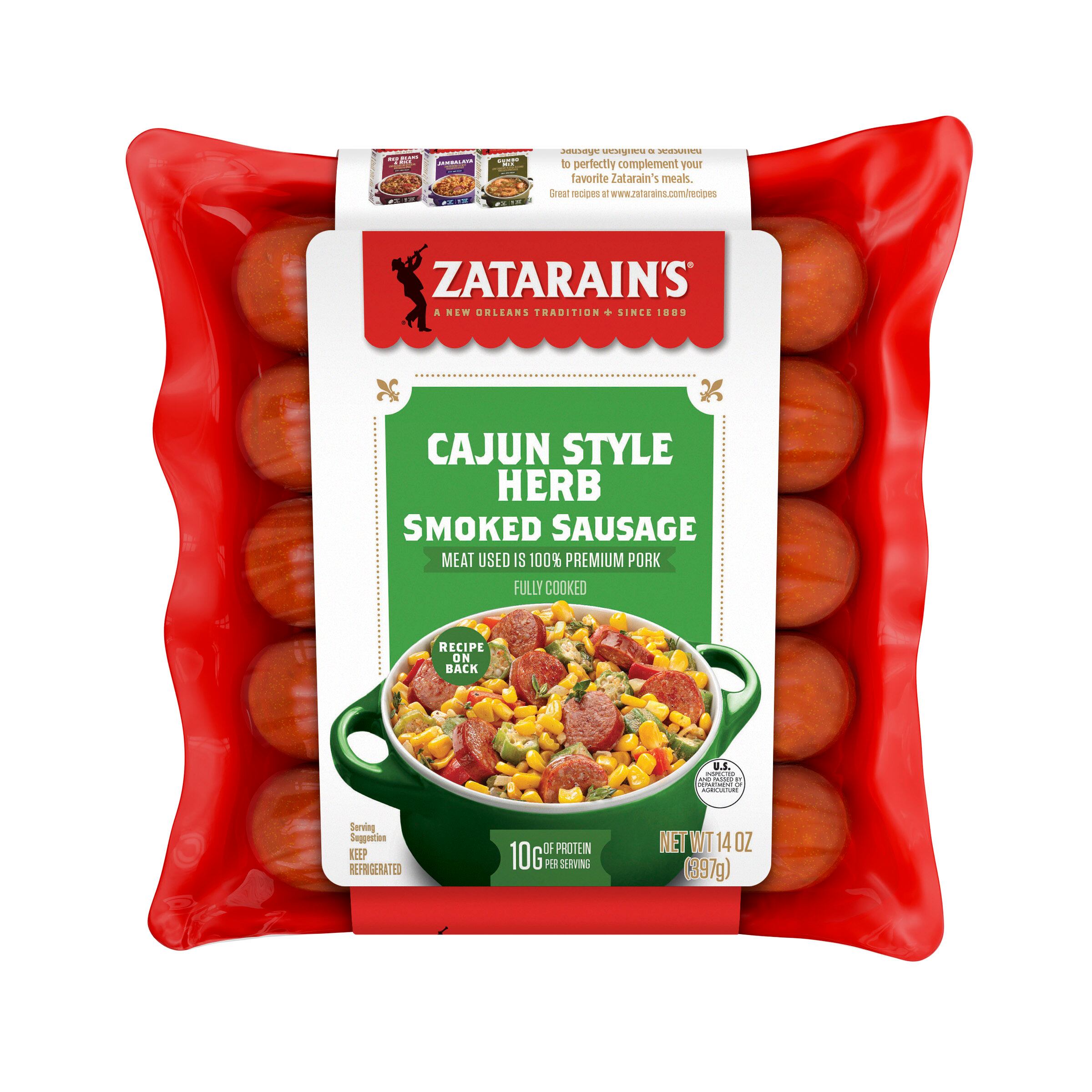 Packs of Zatarain’s Andouille, Cheddar Andouille and Cajun Herb link sausages.