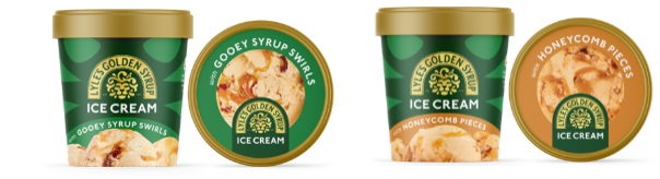 Lyle’s Golden Syrup ice cream tubs with syrup swirls and honeycomb pieces.