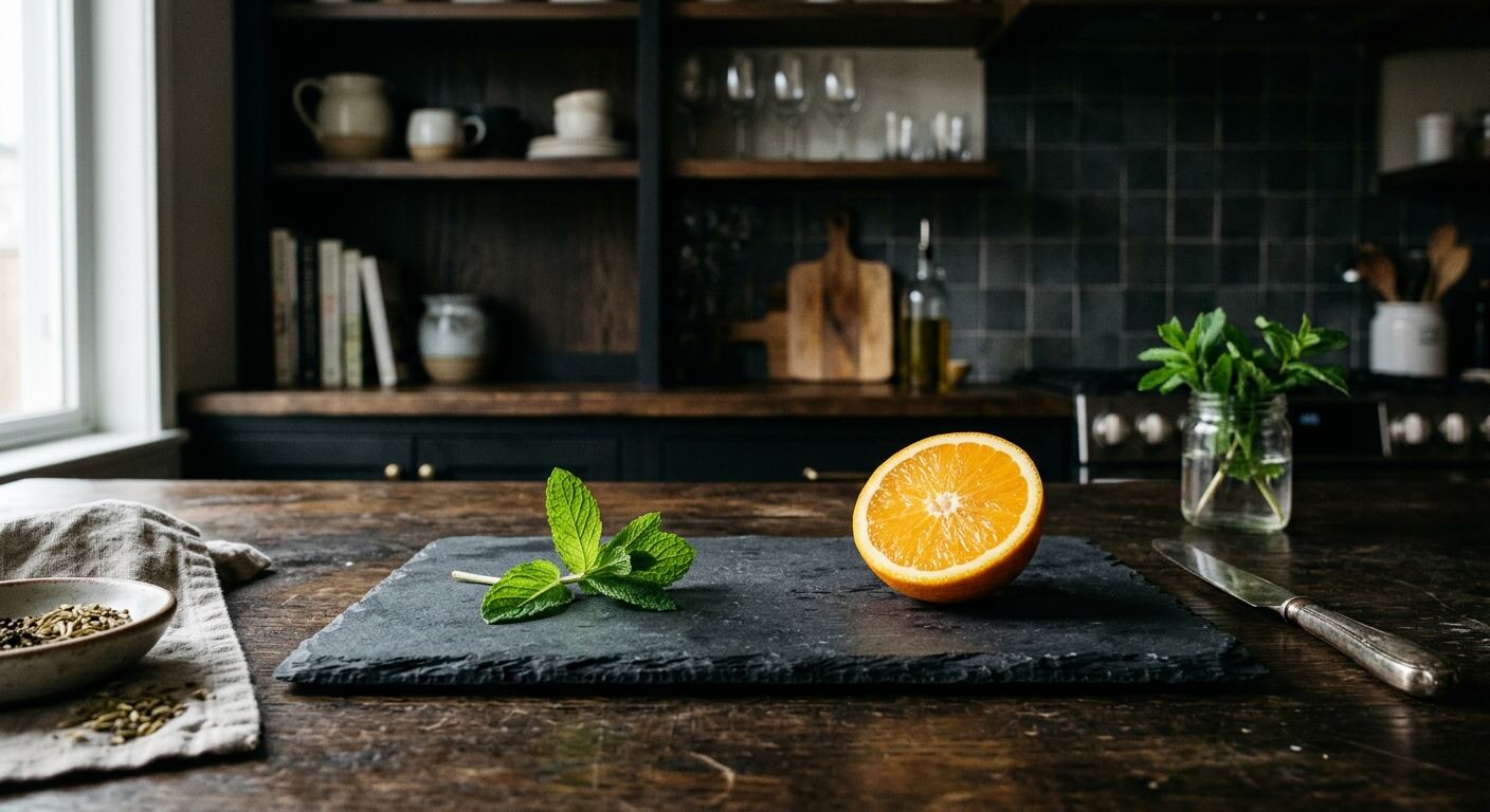 Orange slice and mint leave on a slate in a dark kitchen
