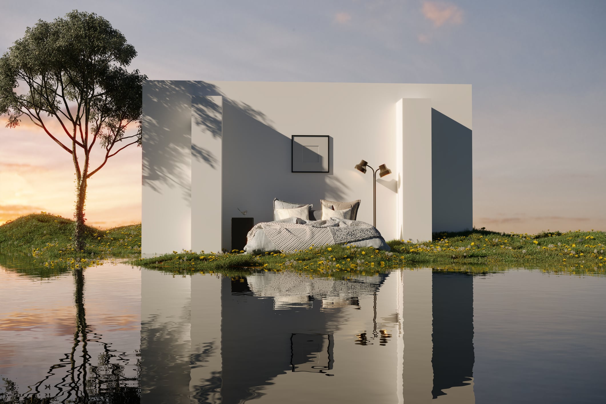 Bedroom in a dreamlike landscape with reflective lake. (3d render)