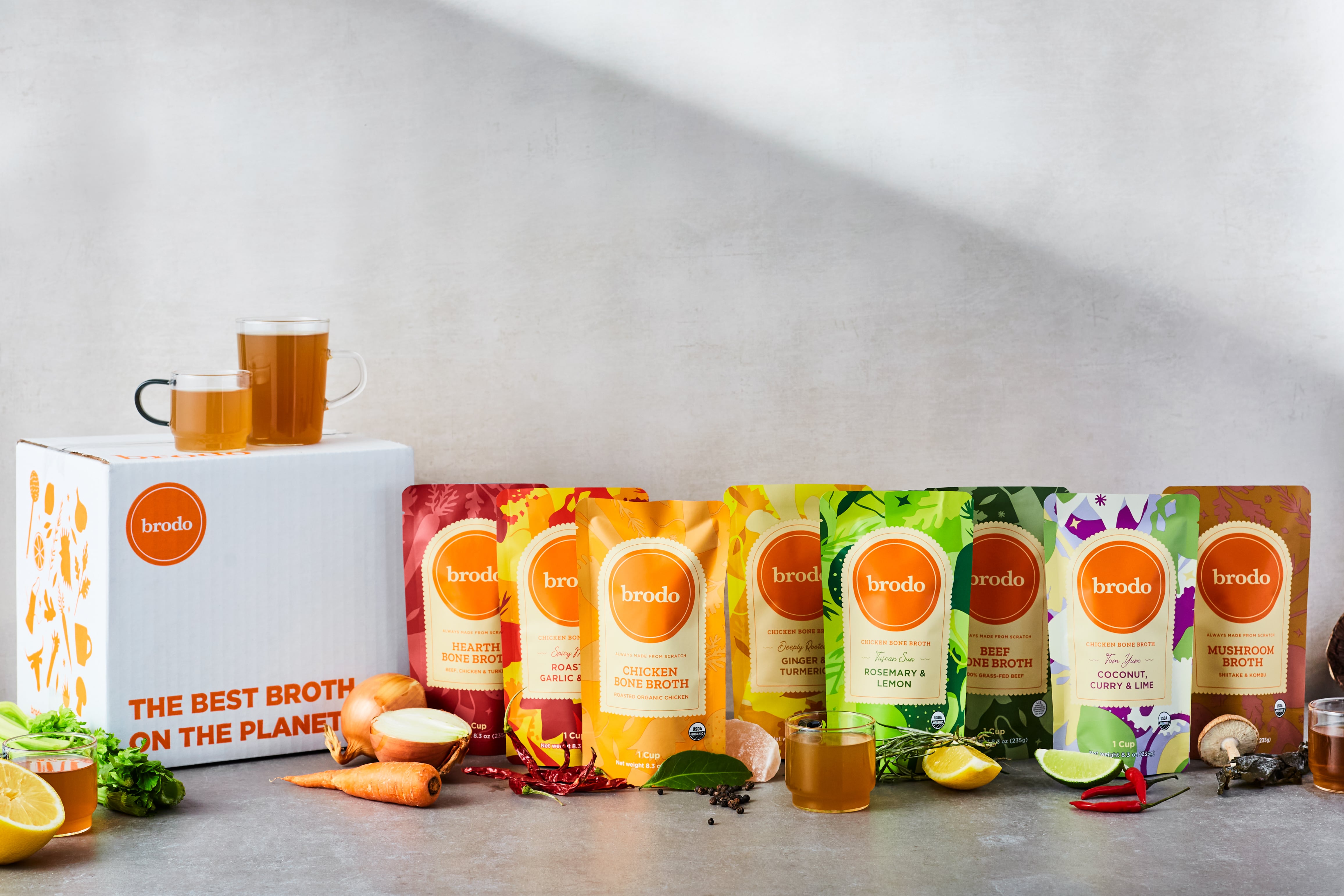 Line up of Brodo Broth flavors