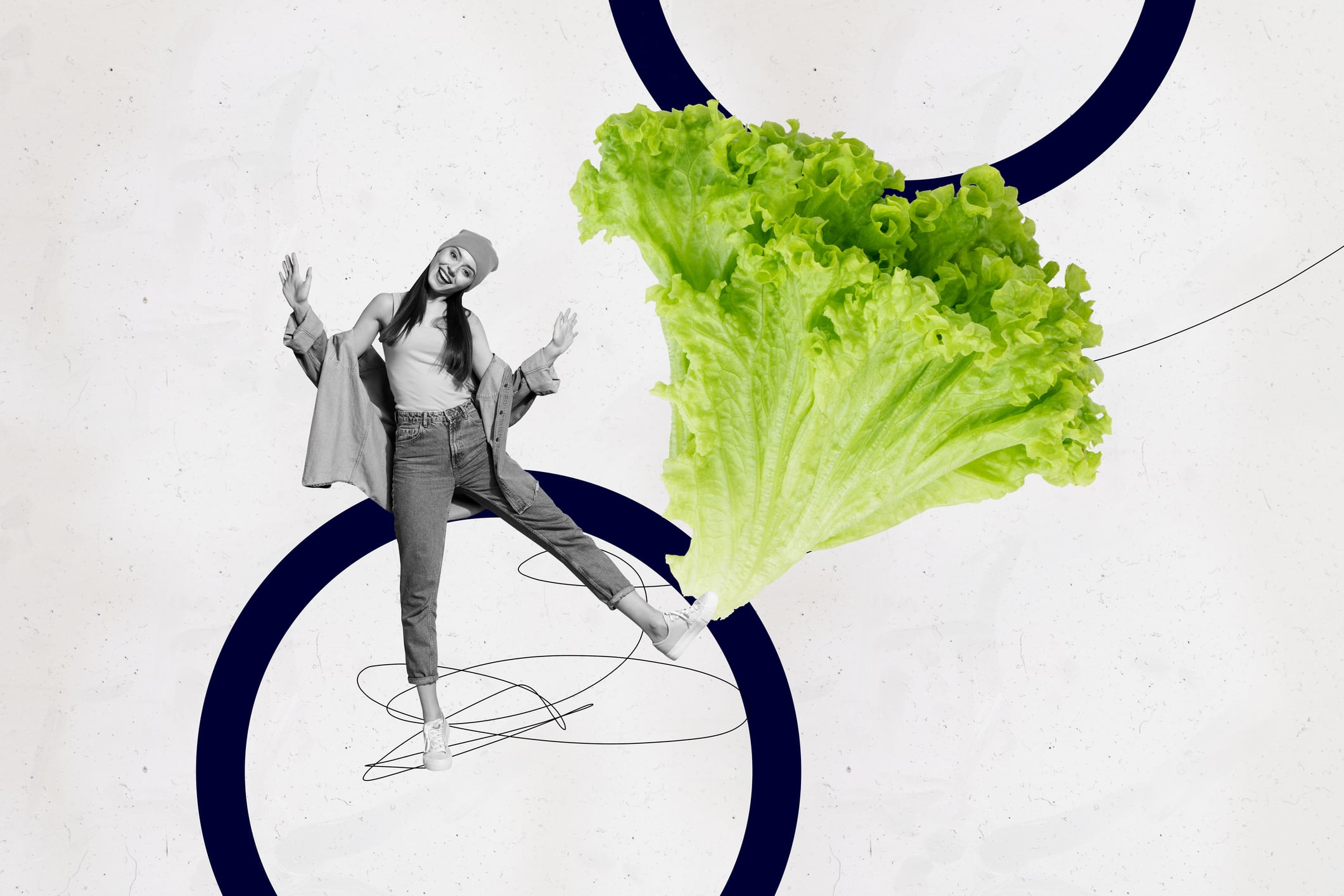Composite creative art collage of happy girl dance green lettuce leaves detox nutrition iceberg grocery isolated on painted background.