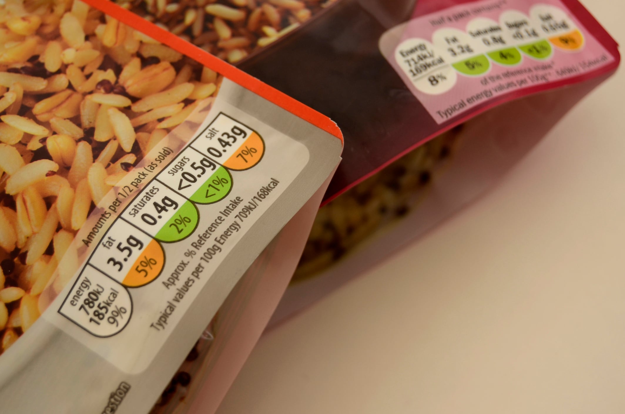 Packets of pre-cooked rice displaying their nutritional ingredients per serving