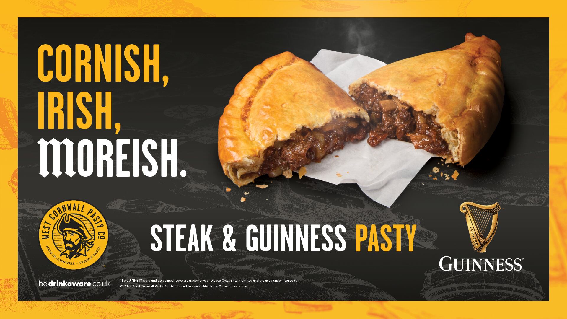 Hand‑crimped West Cornwall Pasty Co. Steak & Guinness Pasty in branded packaging.