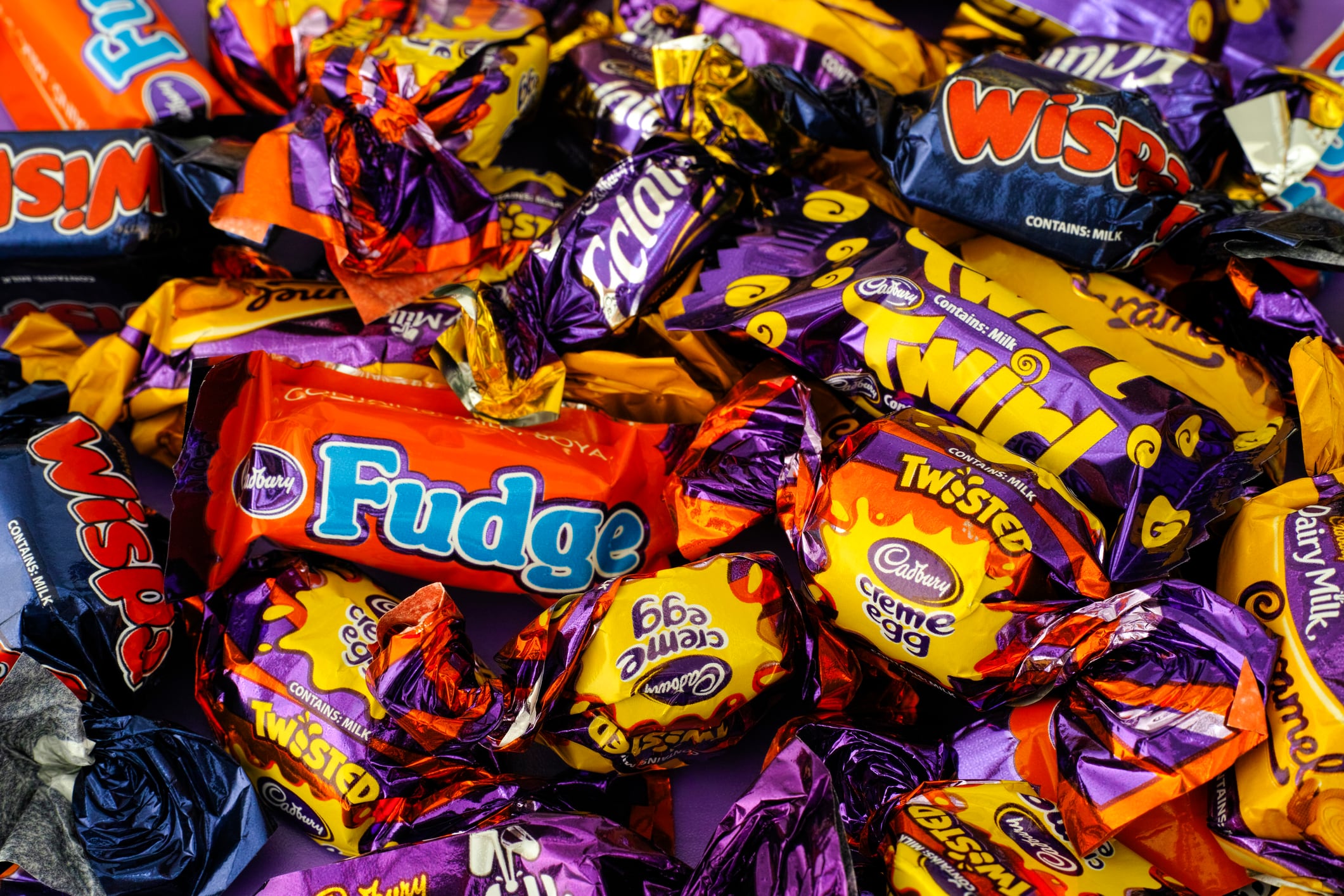 Cadbury Dairy Milk, Cadbury Caramel, Cadbury Wispa, Cadbury Eclair, Cadbury Fudge, Cadbury Creme Egg Twisted and Cadbury Twirl.