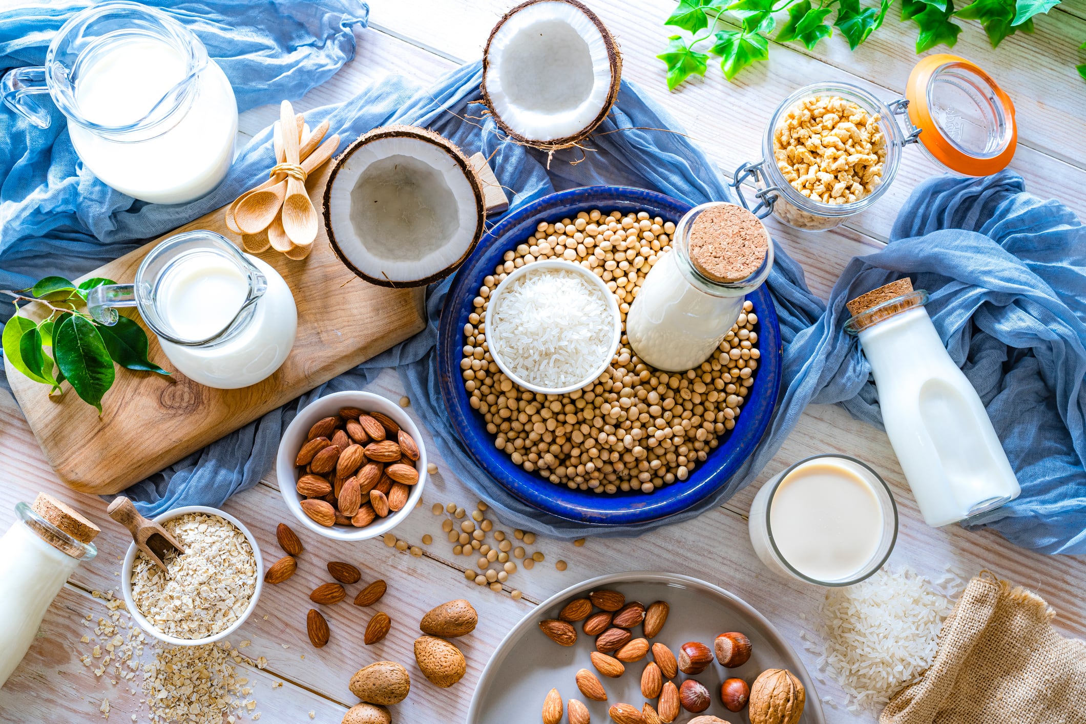Group of non dairy lactose free vegan milks and ingredients shot from above on kitchen table. Soy, coconut, almond, oat and rice milks. Source of healthy plant based proteins