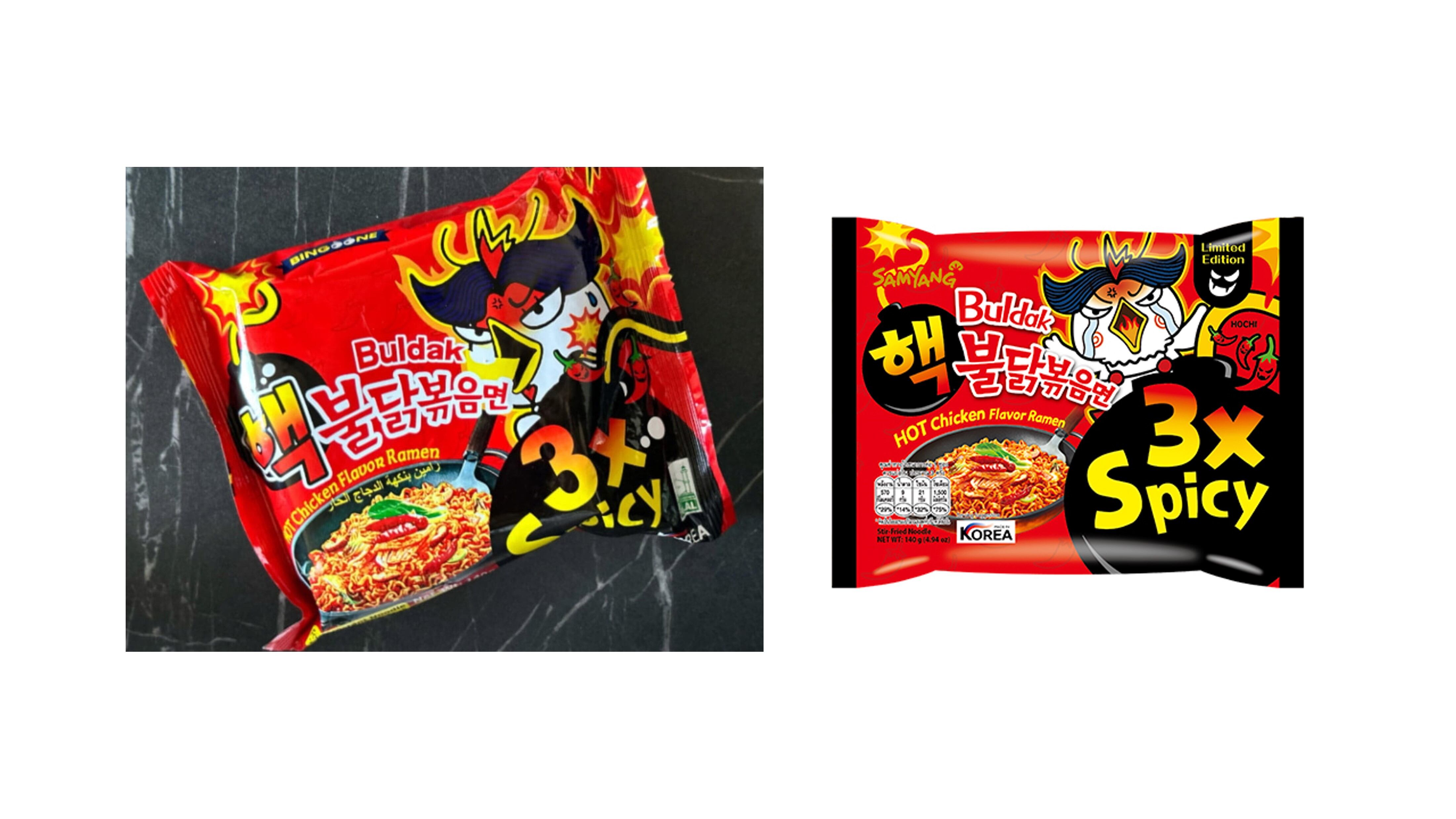 Fake Buldak noodles (L) vs real Buldak noodles (R) both utilise the brand's iconic hot and angry chicken mascot