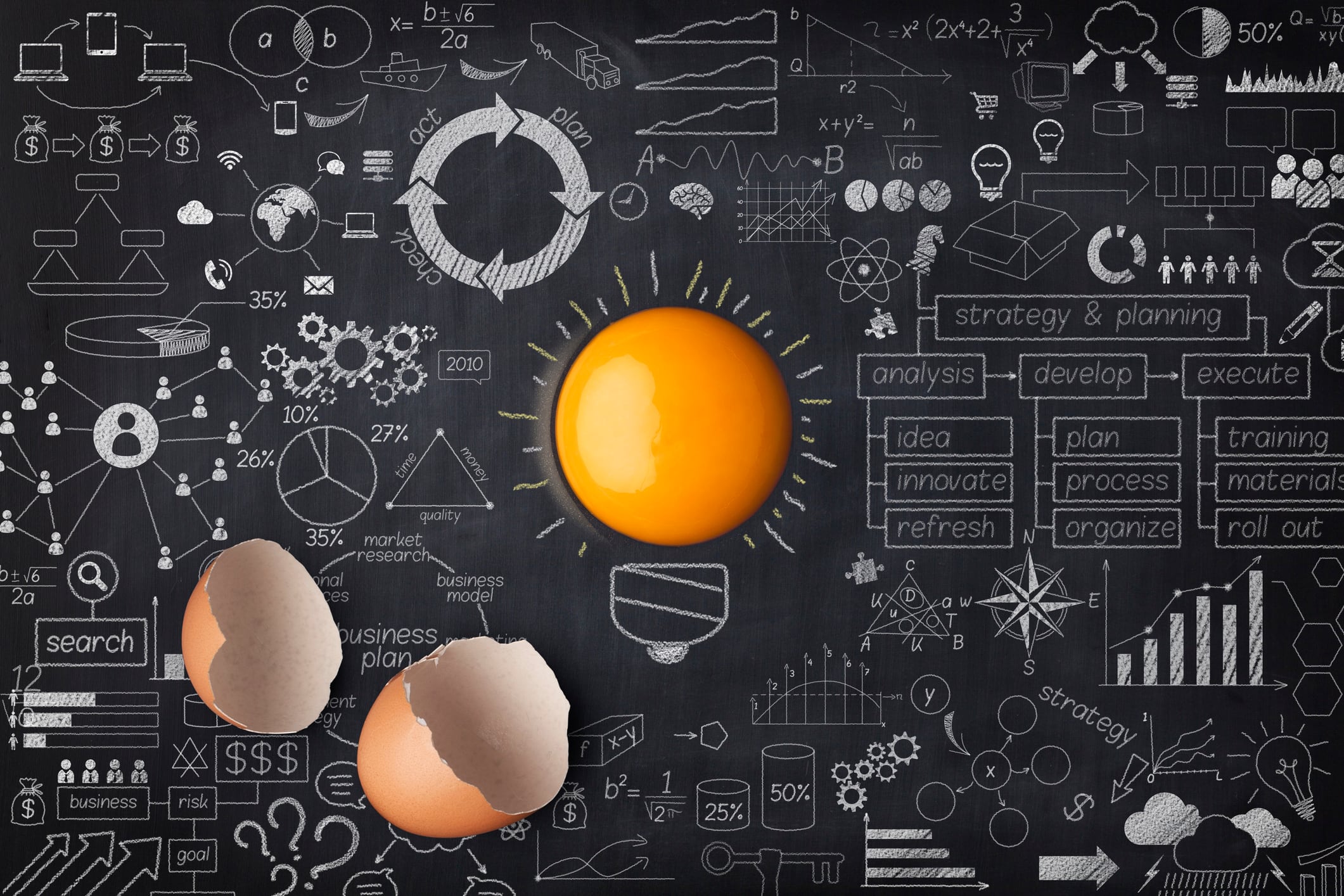 Egg yolk ball forming a shape of illuminated light bulb on blackboard