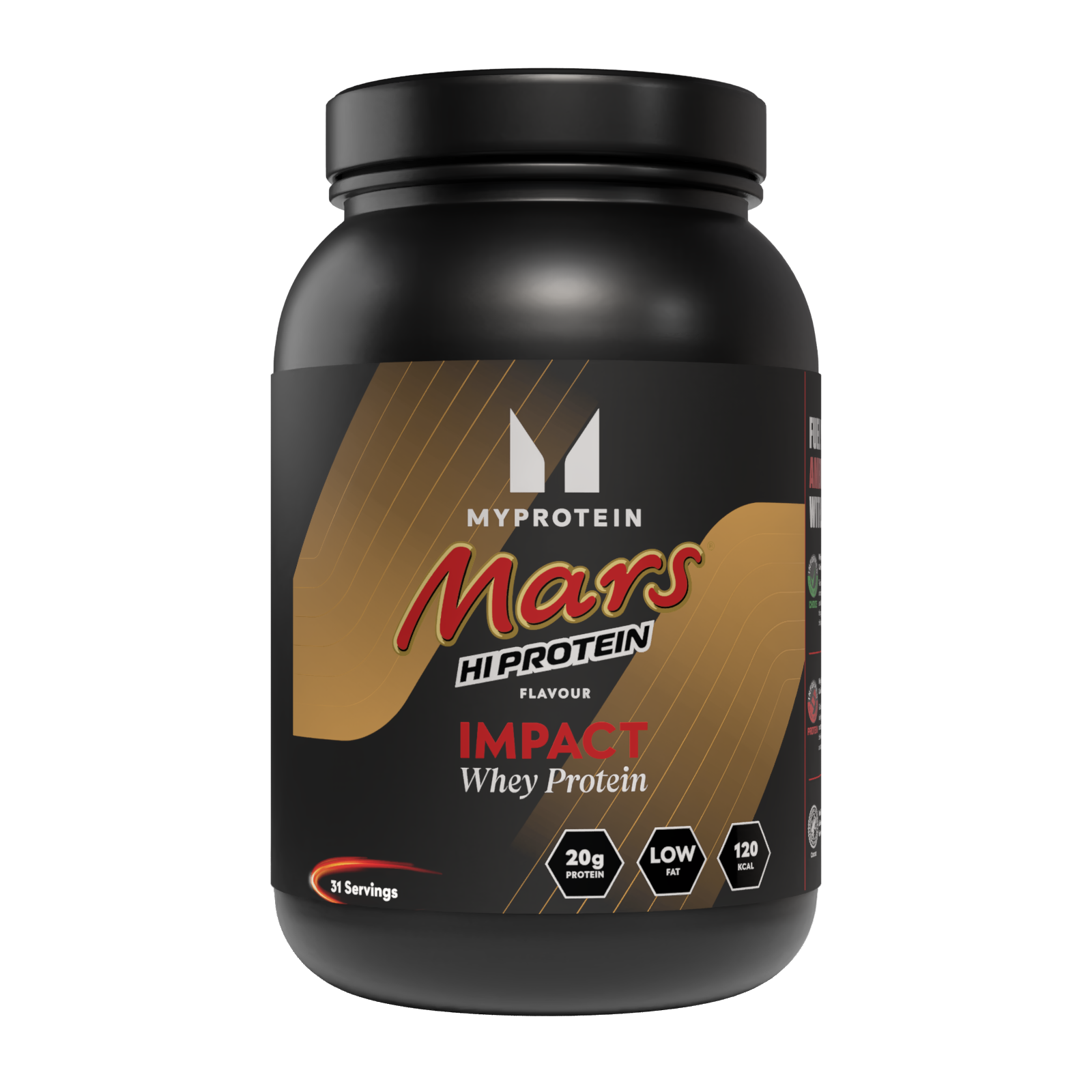 Tub of Myprotein Mars Impact Whey Protein highlighting 20 g protein per serving.