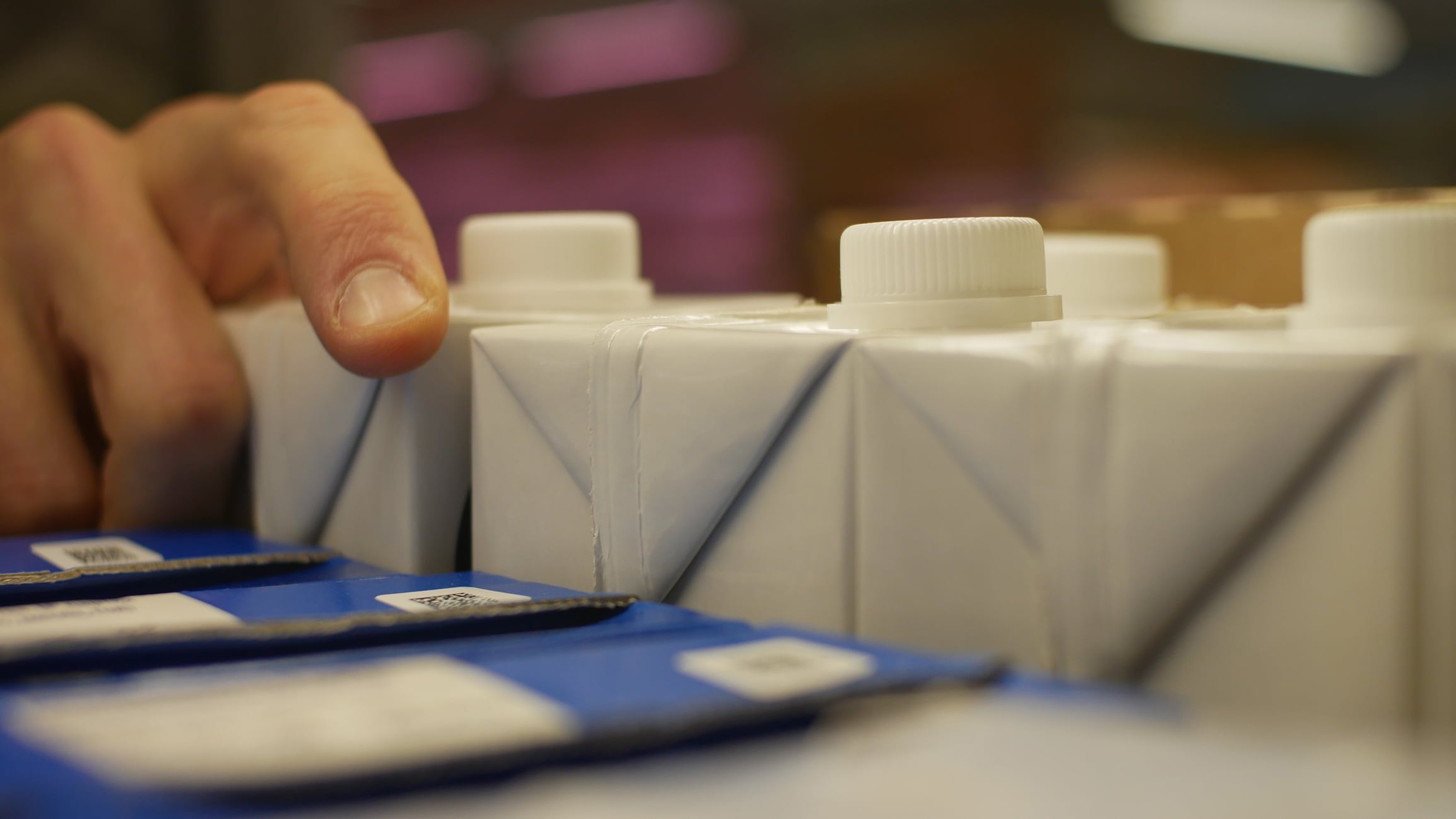 A buyer takes one milk carton from a grocery fridge