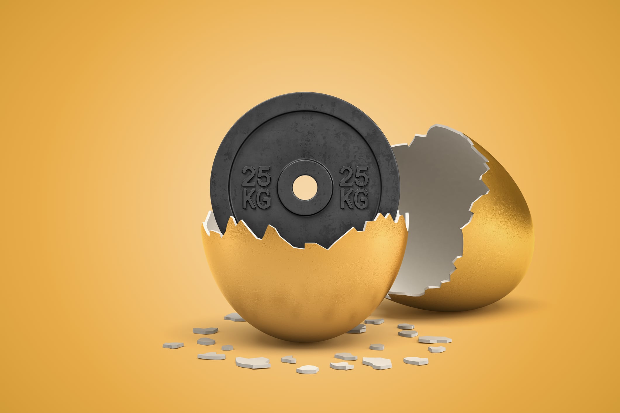 3d rendering of 25 kg weight plate hatching out of golden egg on yellow background. Games and sports. Outdoor activities. Sporting goods.