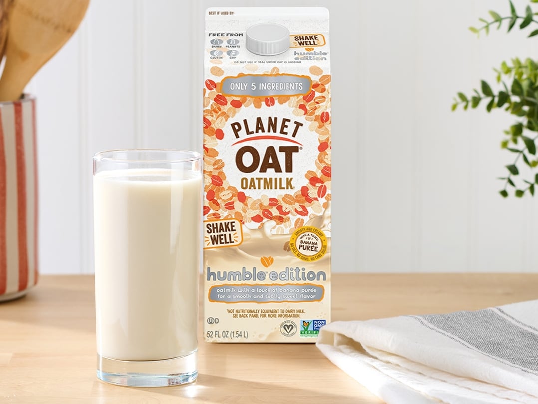 Planet Oat's Humble Edition Oatmilk contains five ingredients: water, oats, banana puree, sea salt and baking soda, and is formulated without oils, gums or added cane sugar, according to the company.