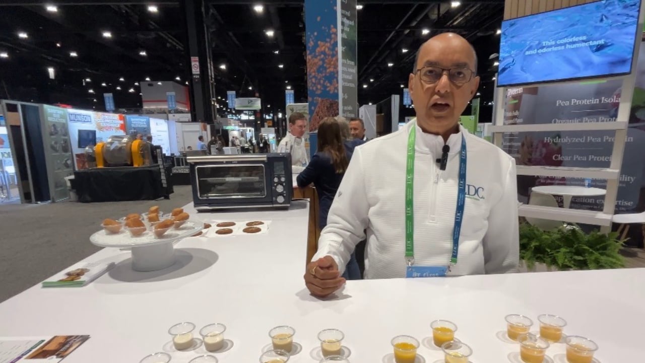 Manoj Kumar, vice president and chief technical officer for LDC’s plant proteins business, demonstrates the range of applications for the company's pea protein isolate.
