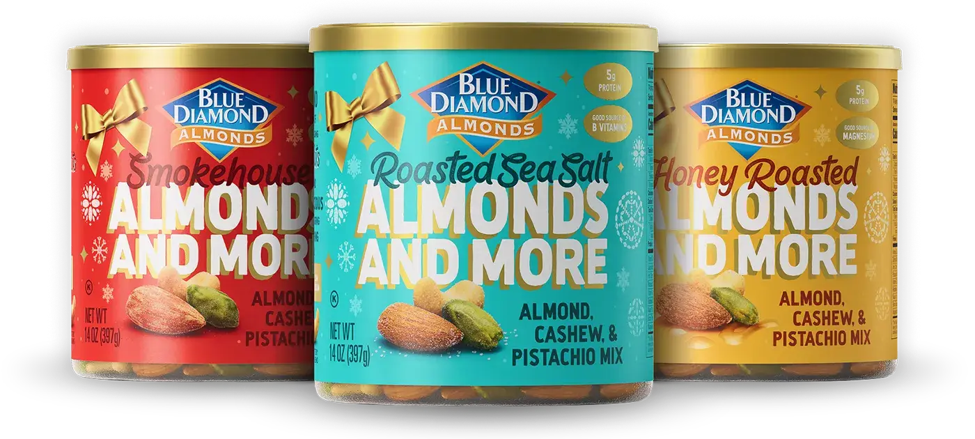 Blue Diamond's holiday-inspired mixed nut blends contain almonds, pistachios and cashews in three different seasonings: Smokehouse, Roasted Sea Salt and Honey Roasted