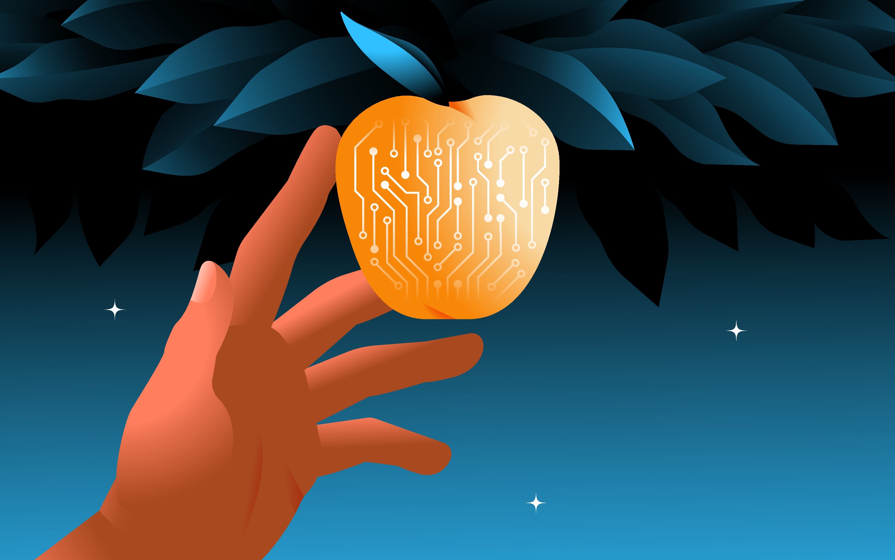 Hand picking digital apple from a tree. Artificial intelligence, big data scientific temtation concept.  Vector illustration.