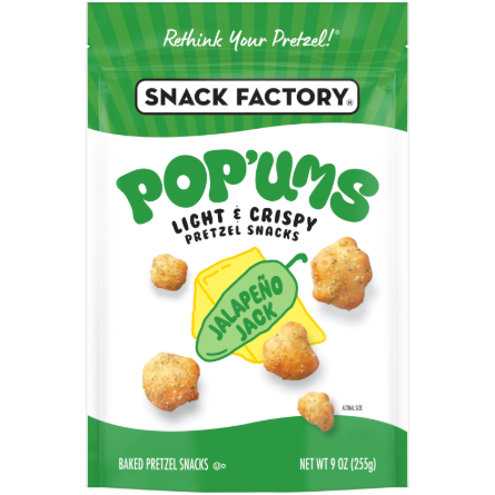 Snack Factory Pop’ums, Bites and Lemon Crunch Pretzel Crisps packaging.