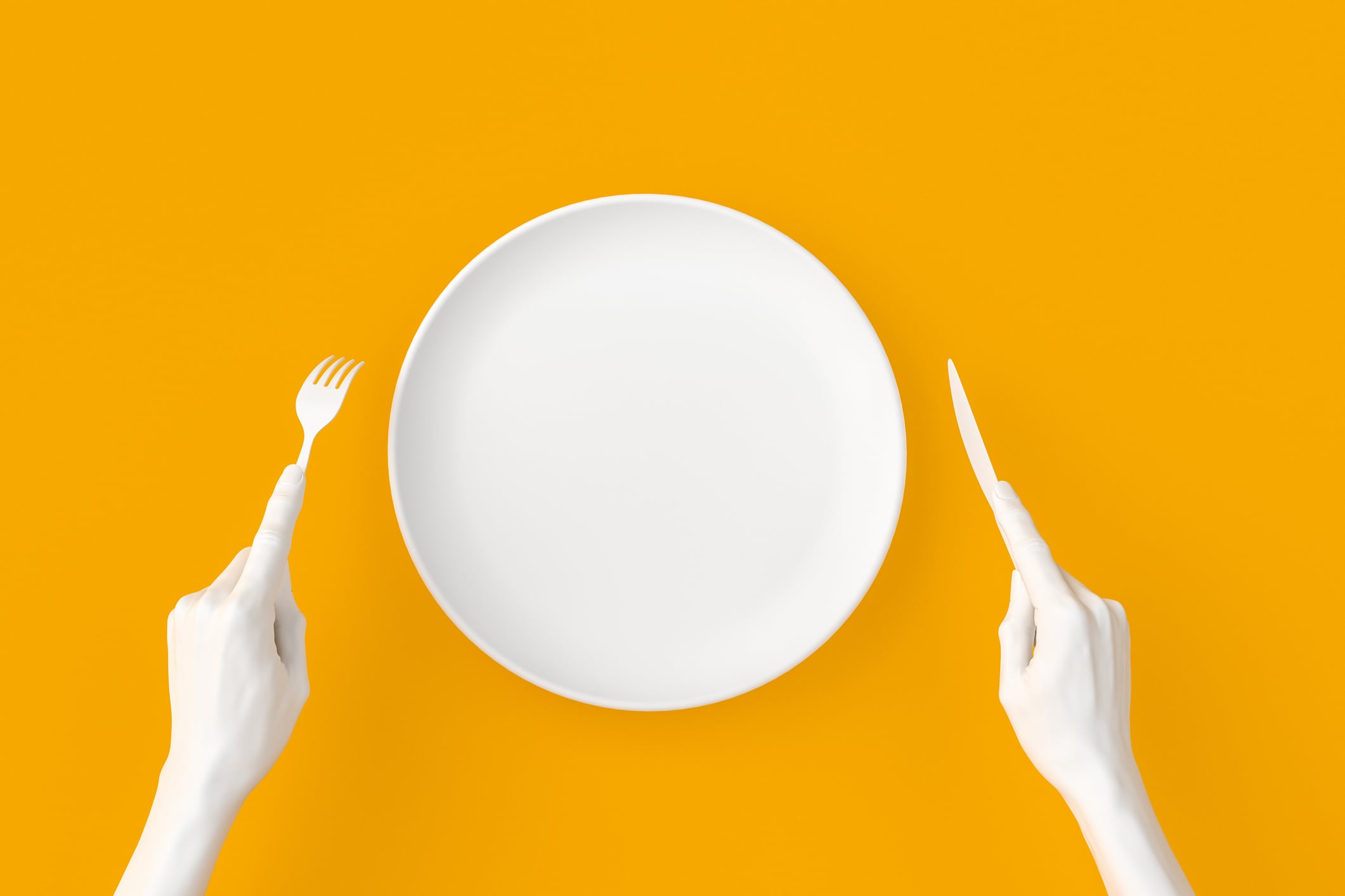 Abstract food restaurant concept banner. Isolated white empty plate, hands holding fork and knife, top view 3d rendering.
