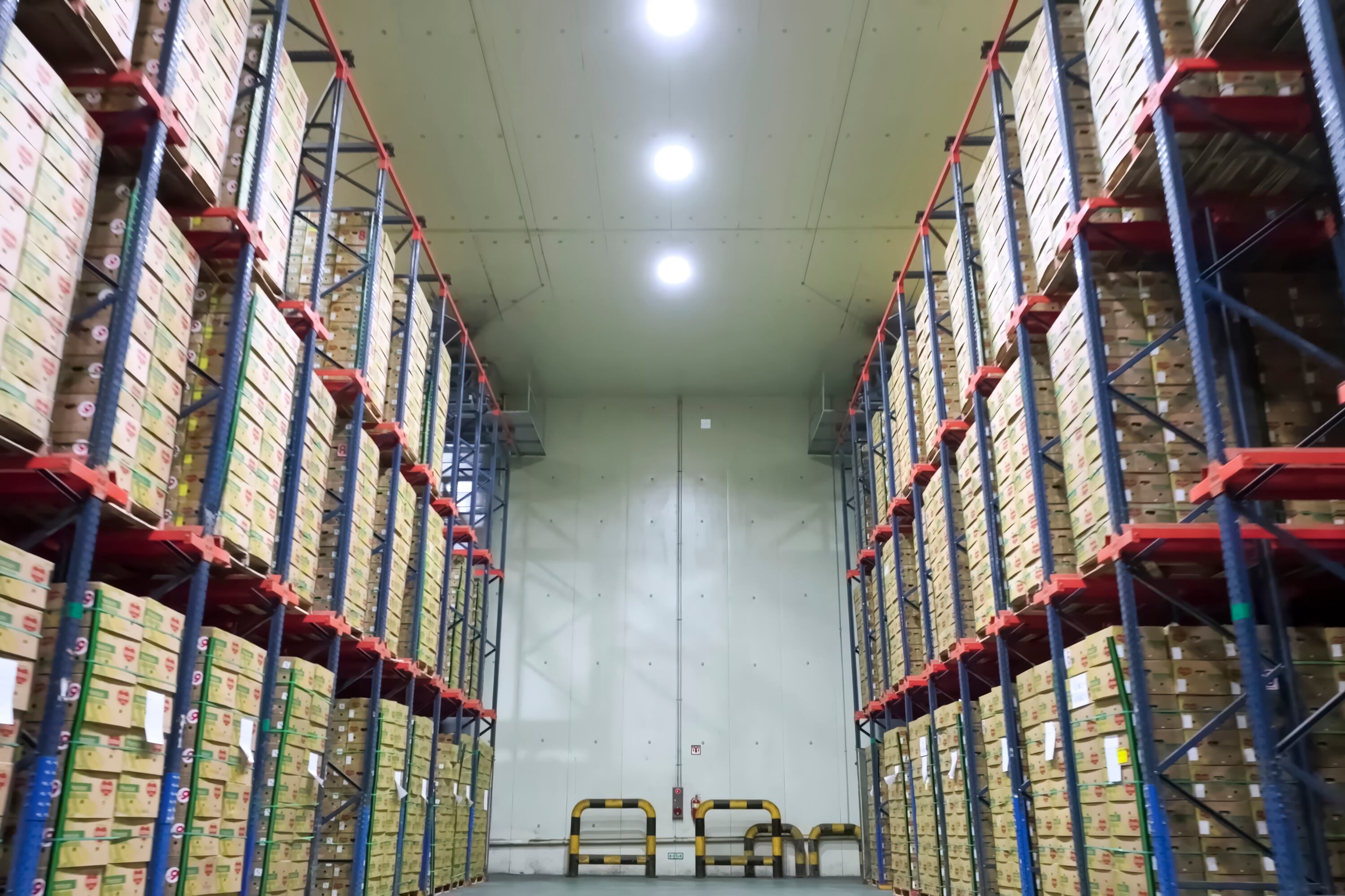 racks in a warehouse with boxes of pineapples.