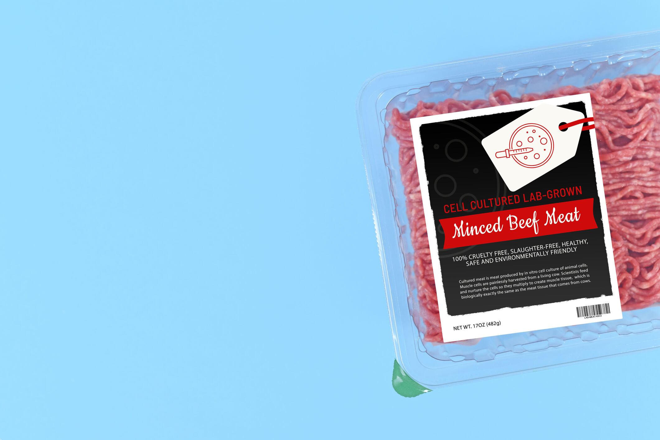 Cell cultured lab grown meat concept for artificial in vitro production with packed raw minced meat with made up label.