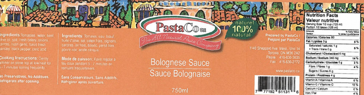 PastaCo is recalling PastaCo brand Bolognese Sauce