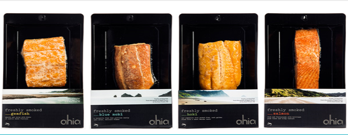 From left: Ahia brand freshly smoked Gemfish, freshly smoked Blue Moki, freshly smoked Hoki and freshly smoked Salmon (all 200g)