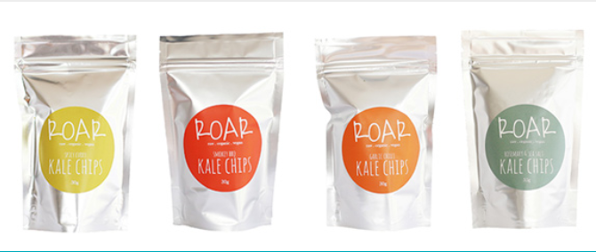 From left: ROAR Kale chips - spicy curry, smokey BBQ, garlic chilli, rosemary and sea salt